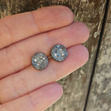 Medium Topography Post Earrings in Oxidized Silver with (6) White Diamonds
