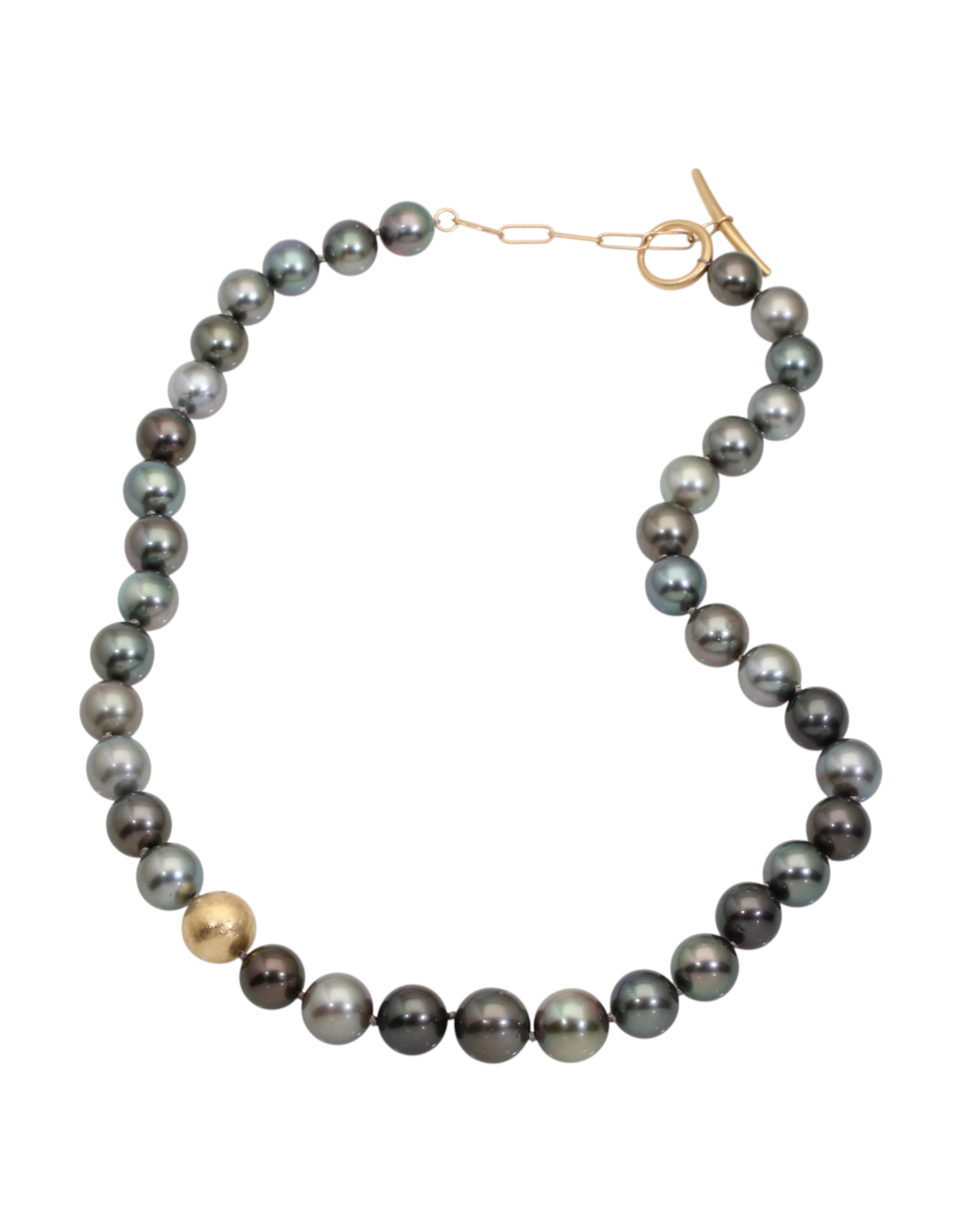 Round Tahitian Pearl Necklace with 14k Gold Bead and Toggle Clasp