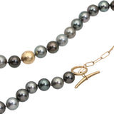 Round Tahitian Pearl Necklace with 14k Gold Bead and Toggle Clasp with Grey Diamonds