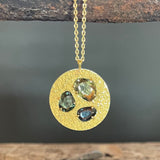 Round Pendant with Tri-Color Sapphires in Sand-Textured 18k Yellow Gold