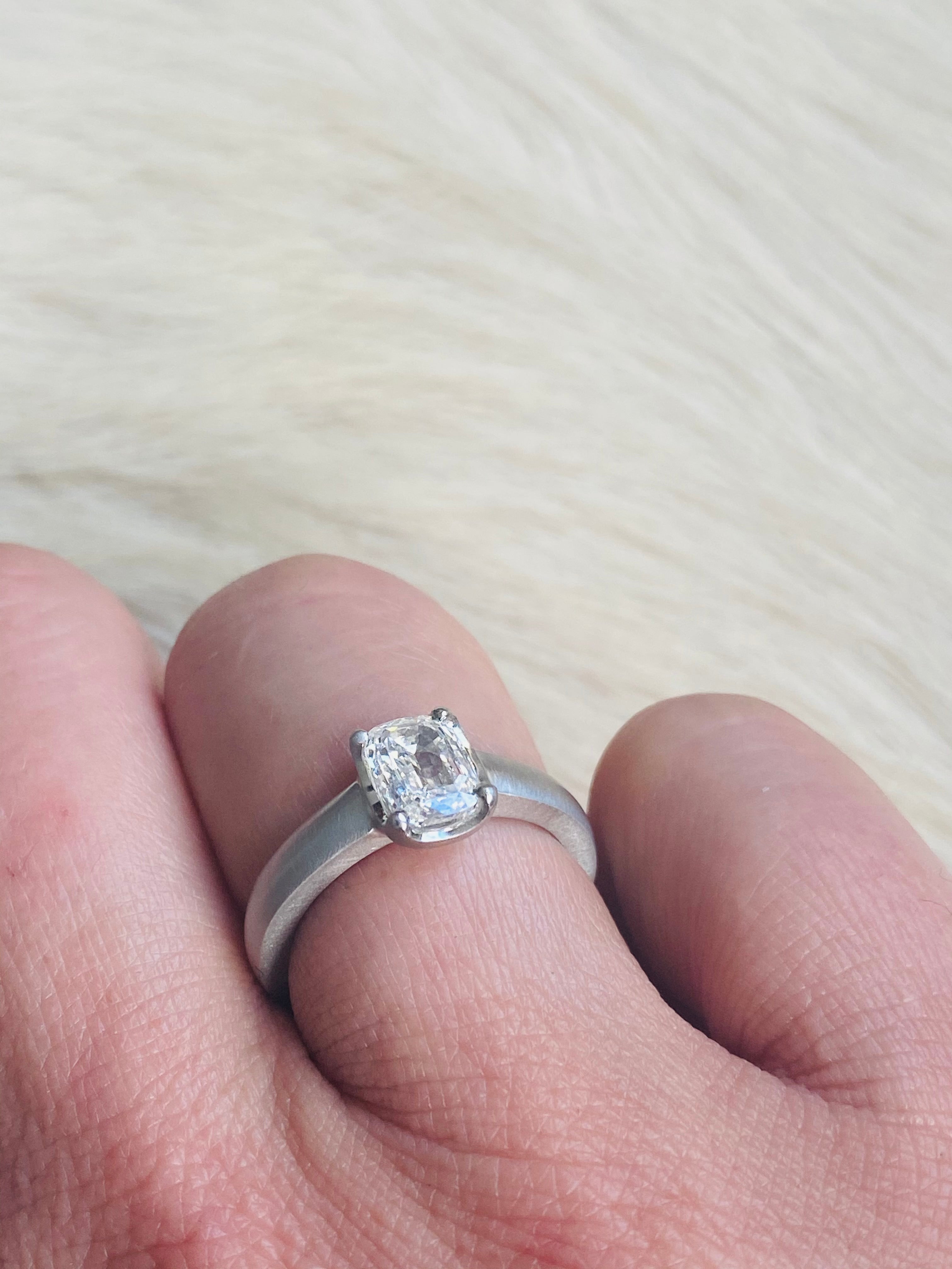 Scooped Prong Set Antique Cut Cushion Diamond in Platinum
