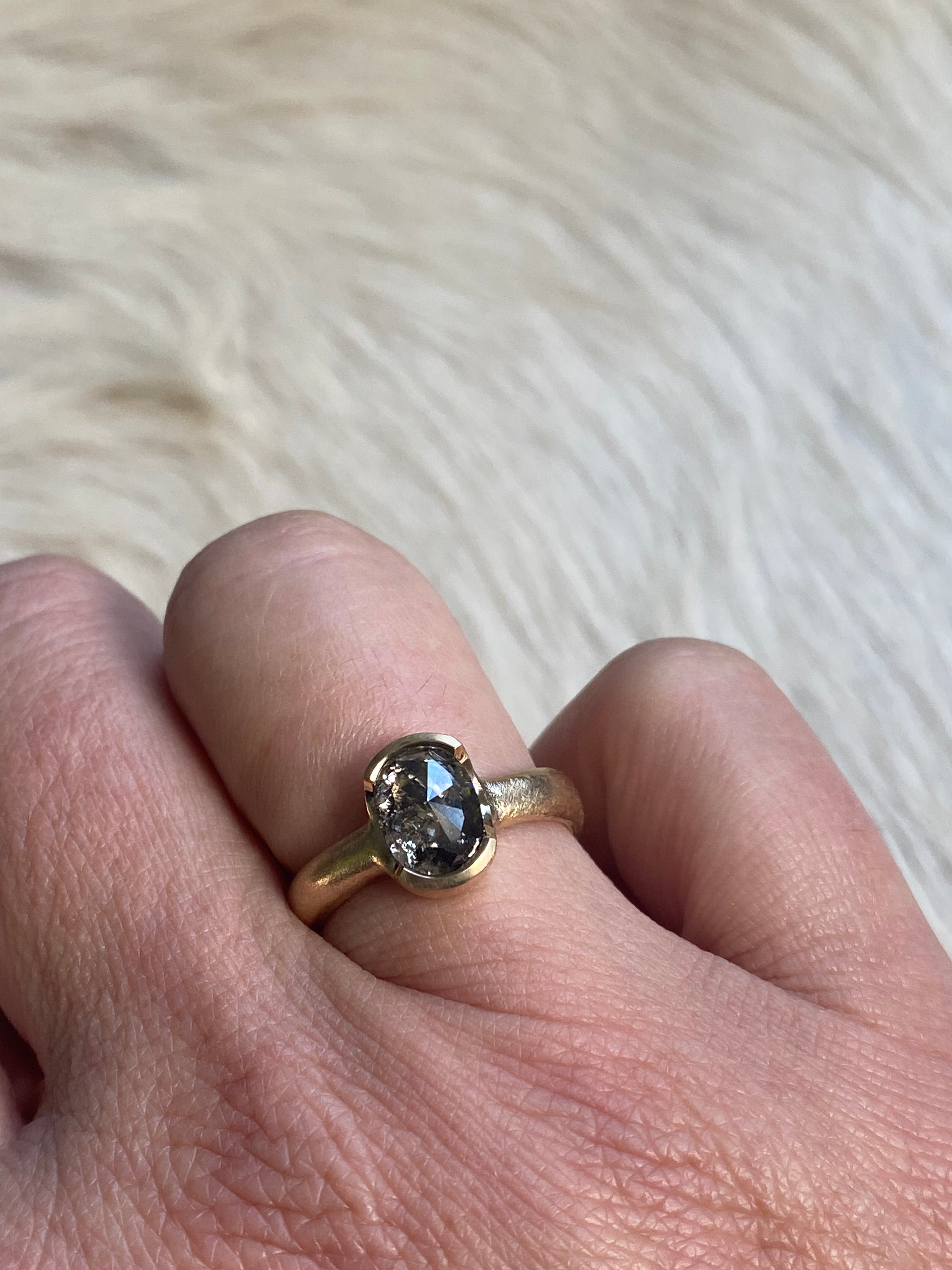 Oval Half Bezel Rosecut Salt and Pepper Diamond Ring in 18k Rose Yellow Gold