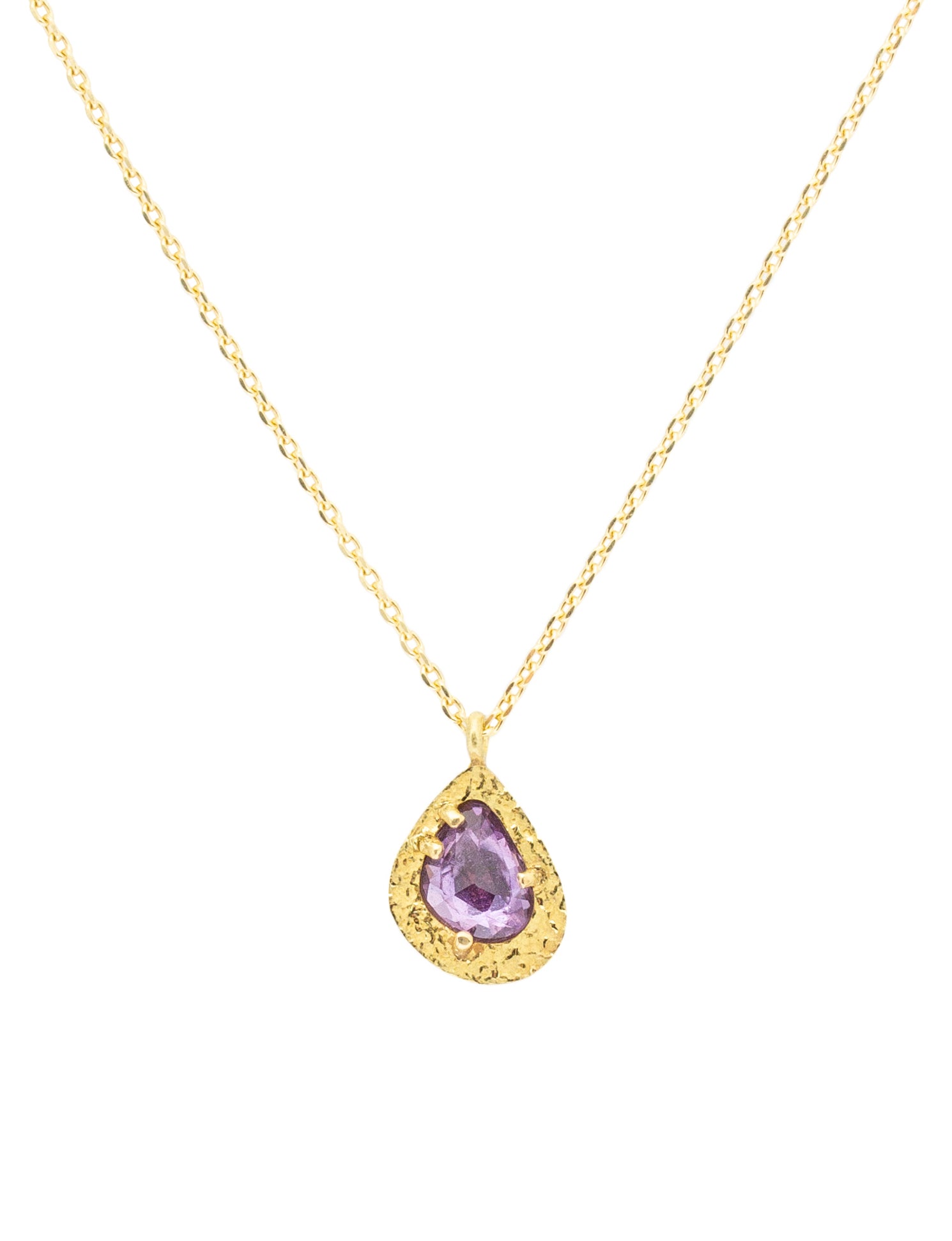 Teardrop Purple Sapphire Pendant in Sand-Textured 18k Yellow Gold