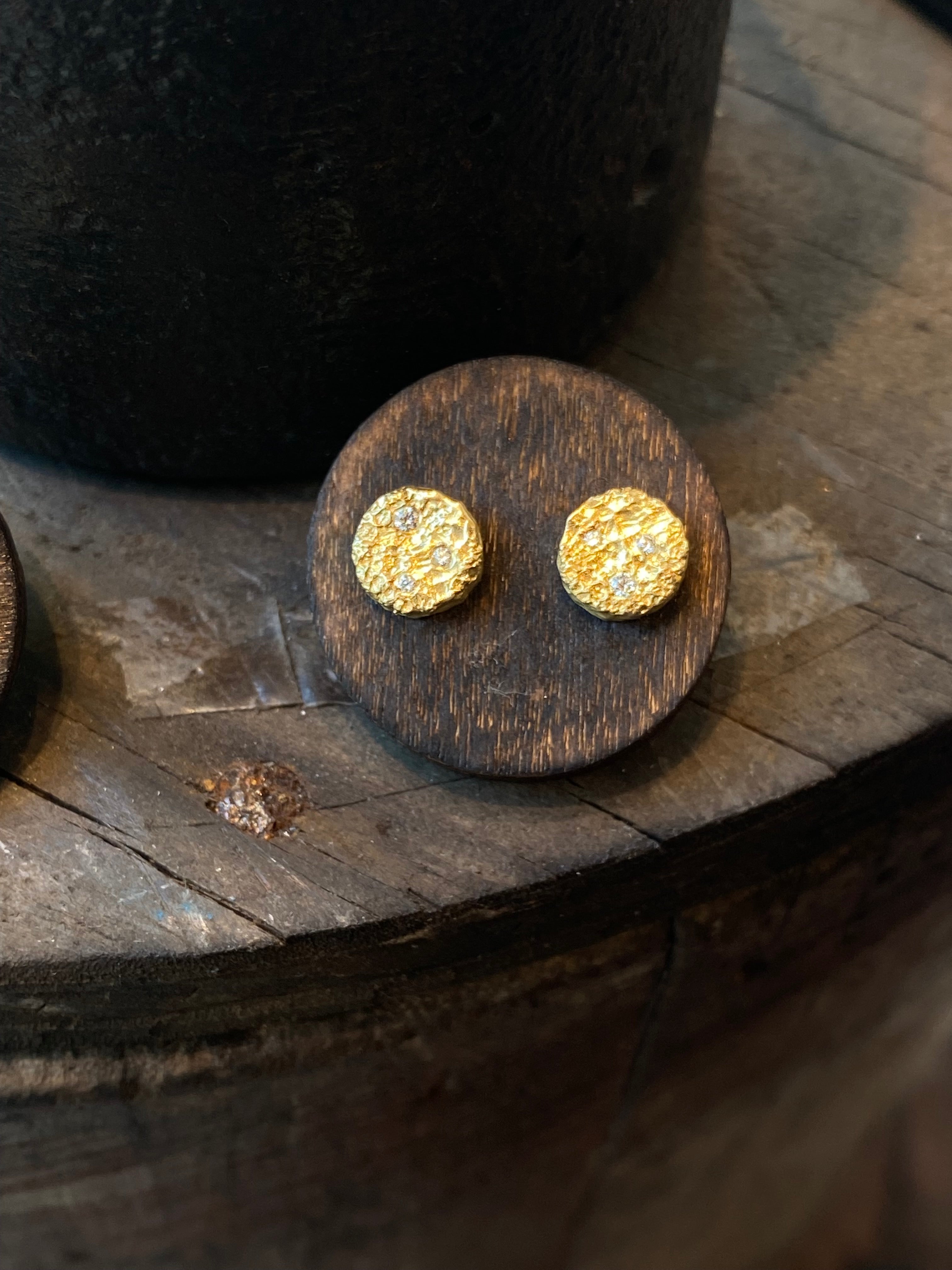 Small Topography Post Earrings with (3) White Diamonds in 18k Yellow Gold