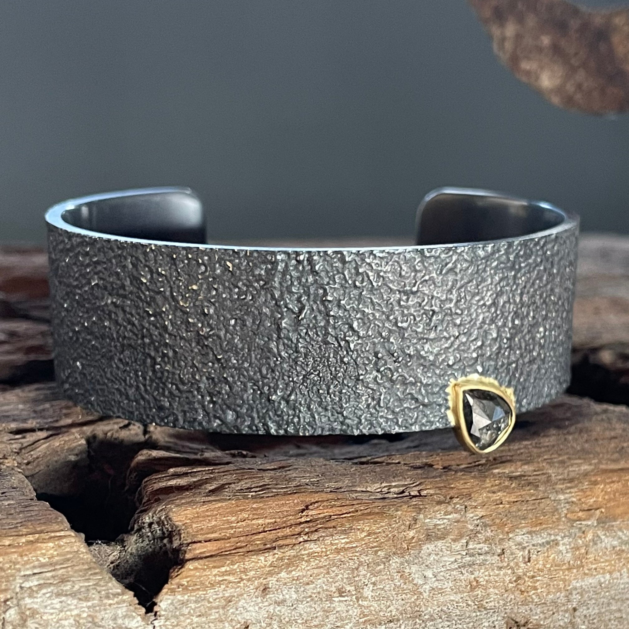 Extra Wide Cuff Bracelet in Sand-Textured Oxidized Silver with Salt & Pepper Diamond