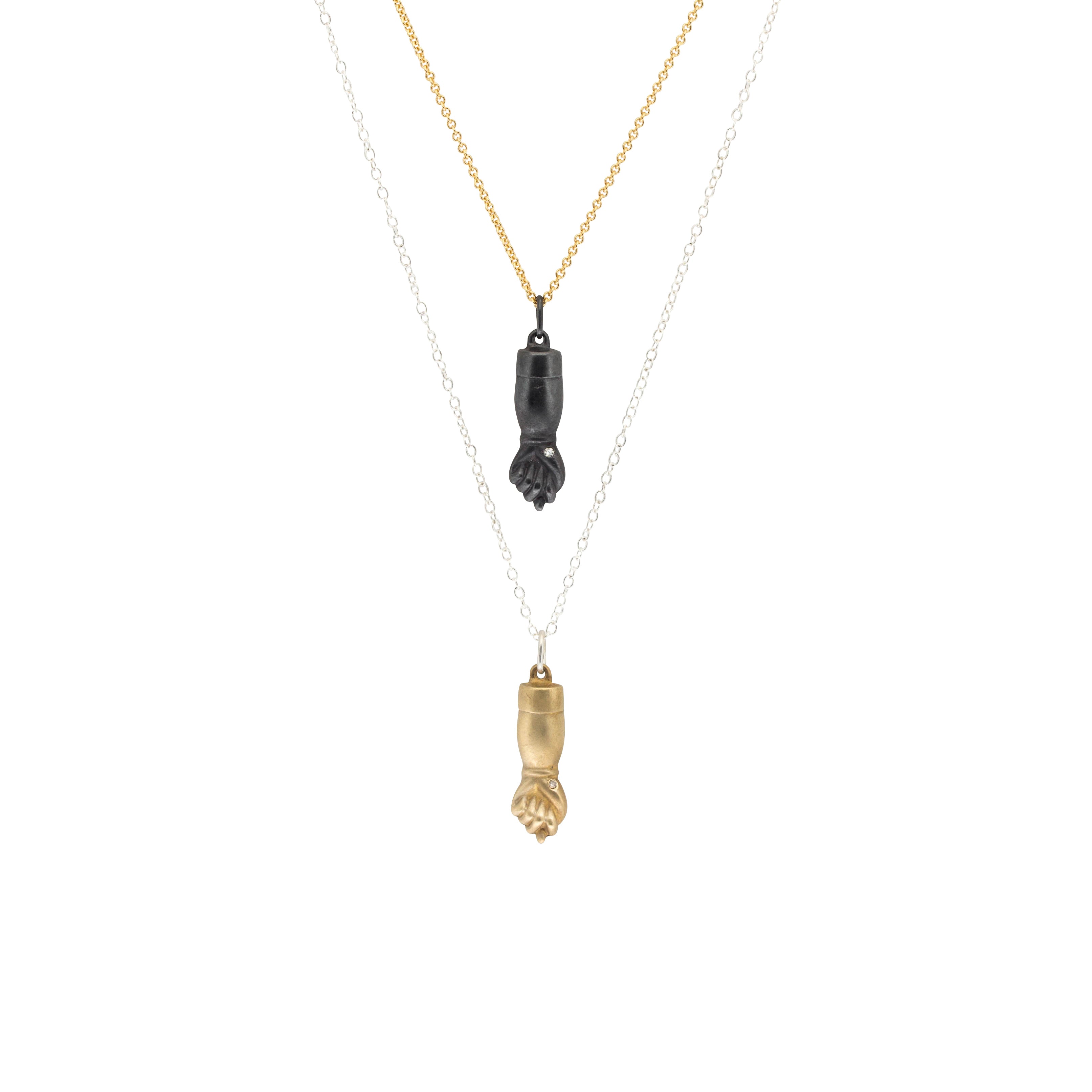Hand of Figa Pendant in Oxidized Silver with White Diamond