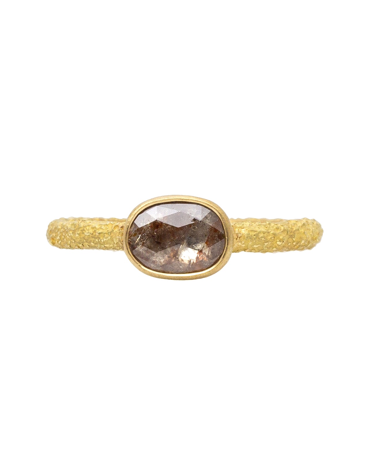Oval Rosecut Red Diamond Solitaire Ring in Sand-Textured 18k Yellow Gold
