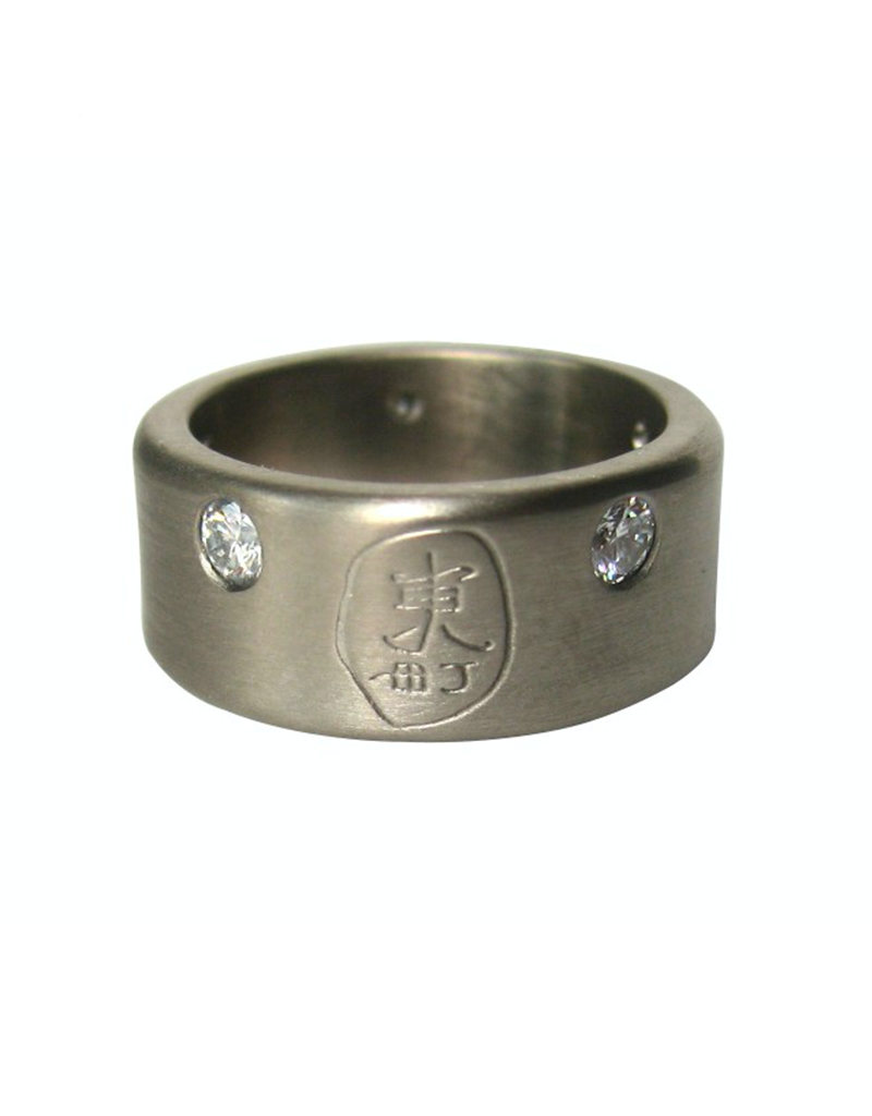 8.5mm Signature Logo White Gold Band with Five Diamonds in 14k Palladium White Gold