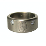 8.5mm Signature Logo White Gold Band with Five Diamonds in 14k Palladium White Gold