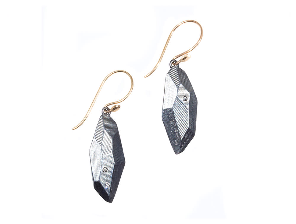 Flat Faceted Earrings in Oxidized Silver with White Sapphires with 14k Gold Wires