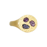 Oval Signet Ring with Purple Sapphires in Sand-Textured 18k Yellow Gold