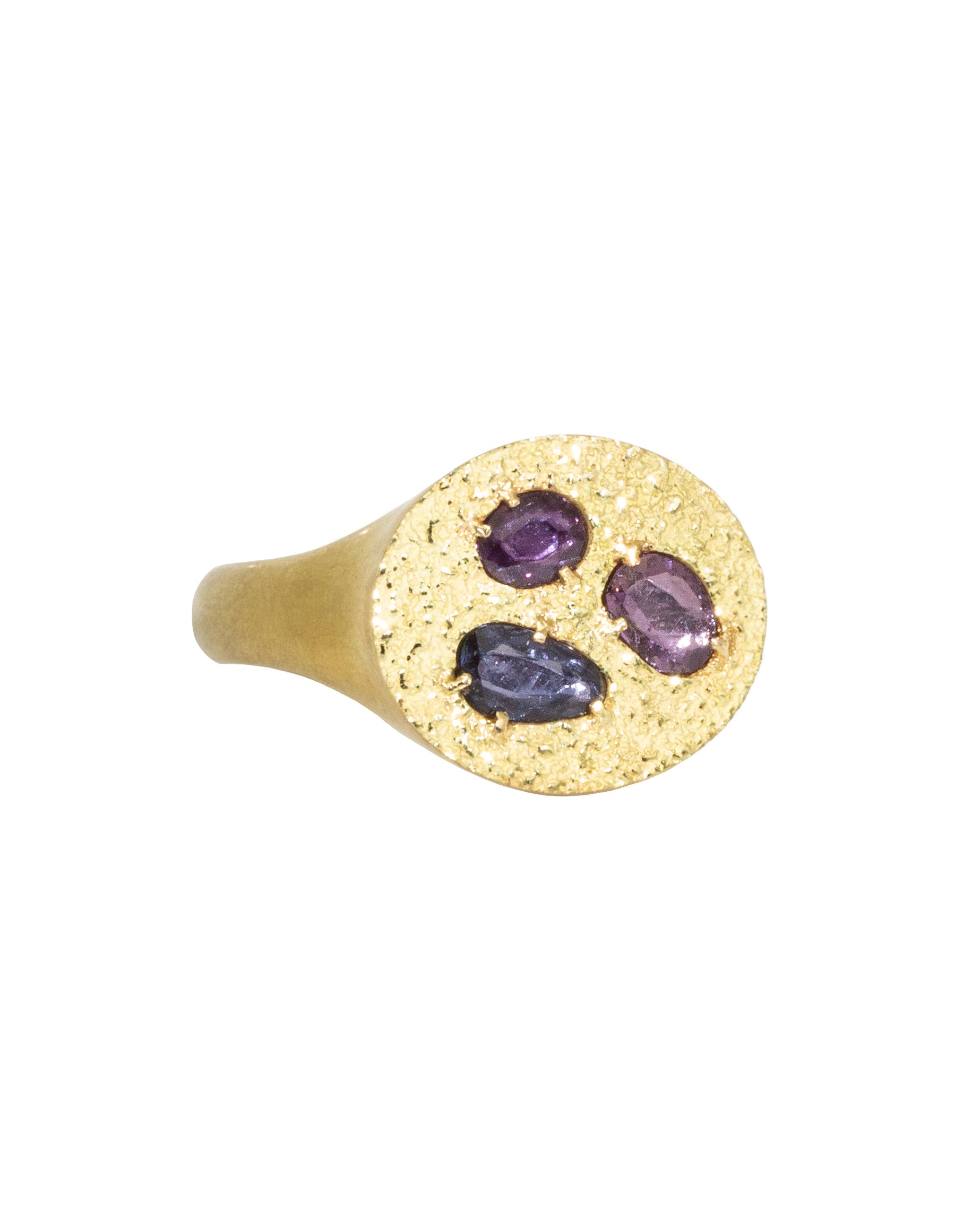 Oval Signet Ring with Purple Sapphires in Sand-Textured 18k Yellow Gold
