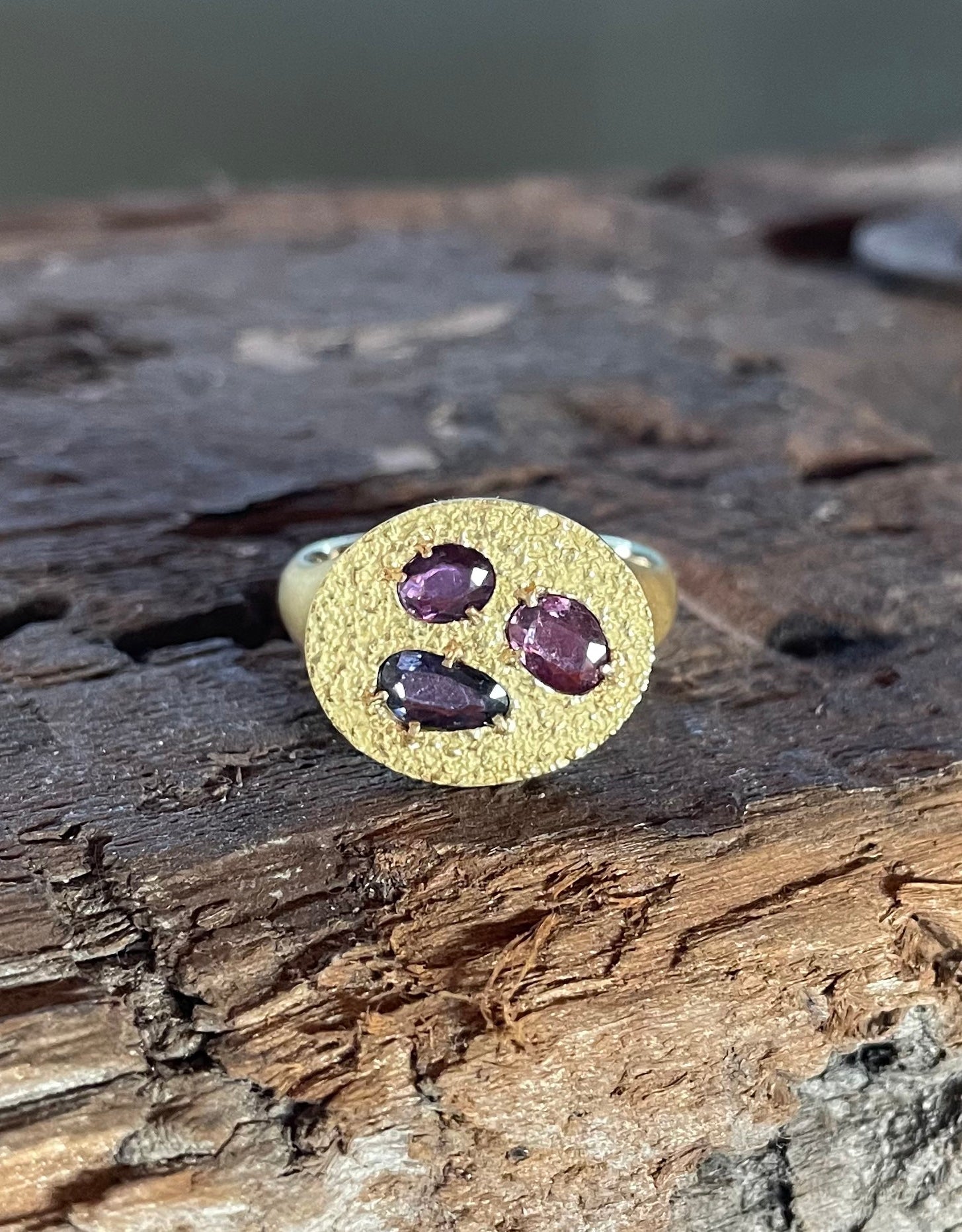 Oval Signet Ring with Purple Sapphires in Sand-Textured 18k Yellow Gold