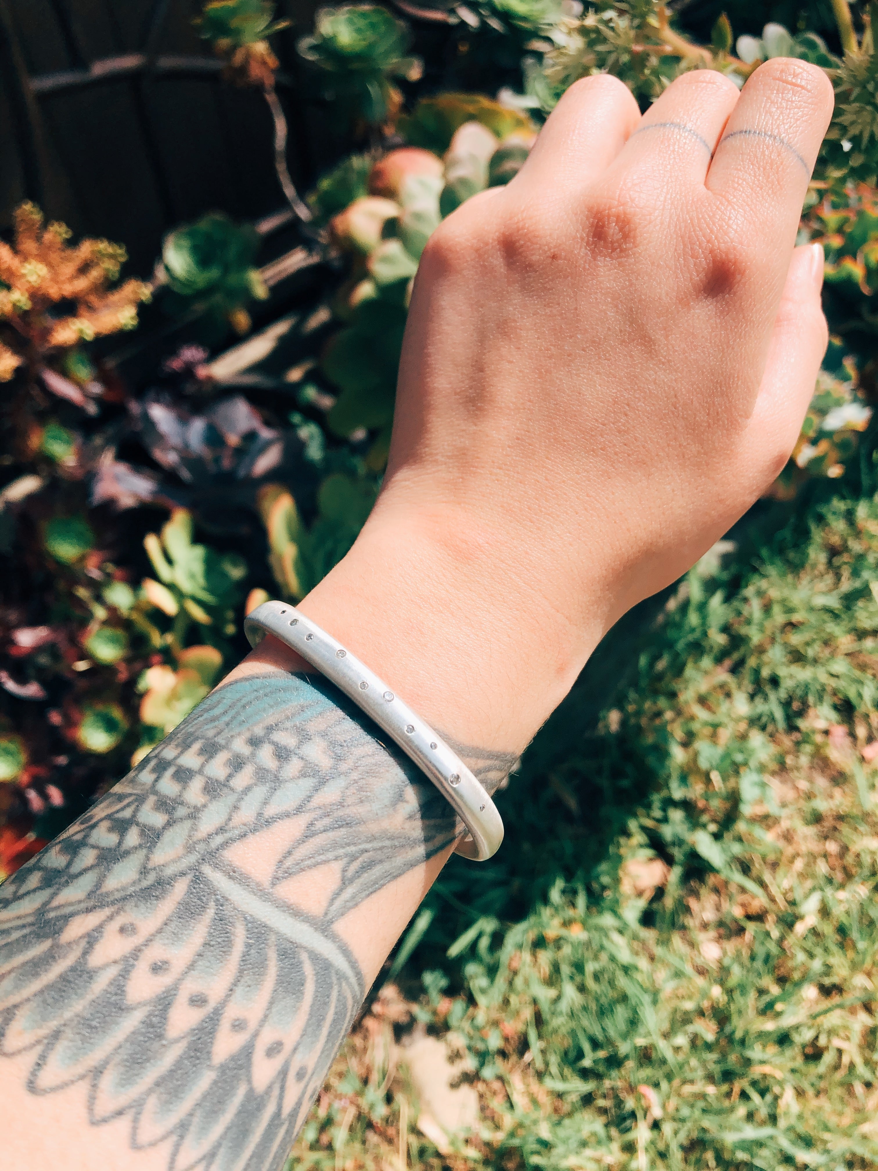 Plain Cuff with 11 Grey Diamonds in Silver