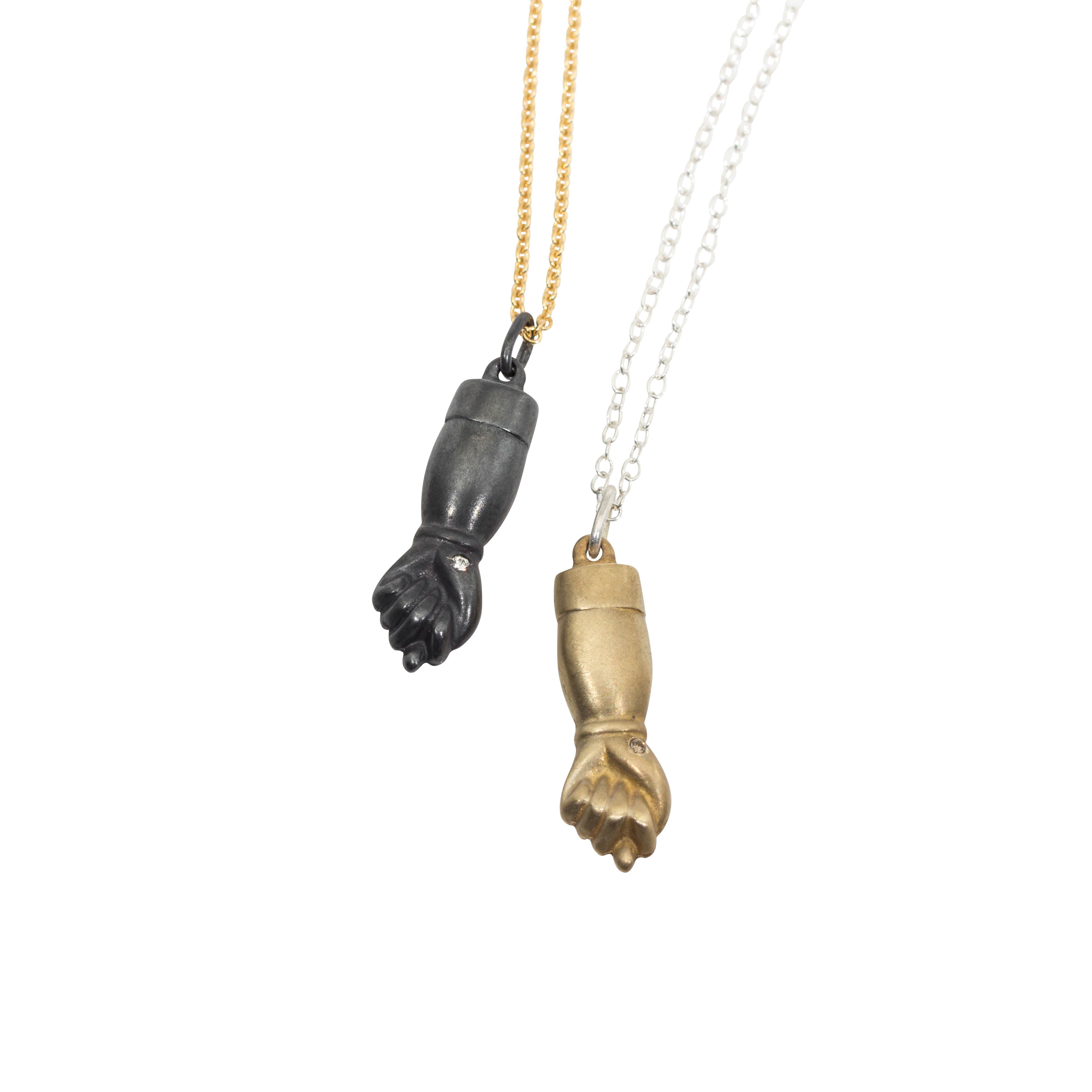Hand of Figa Pendant in Oxidized Silver with White Diamond