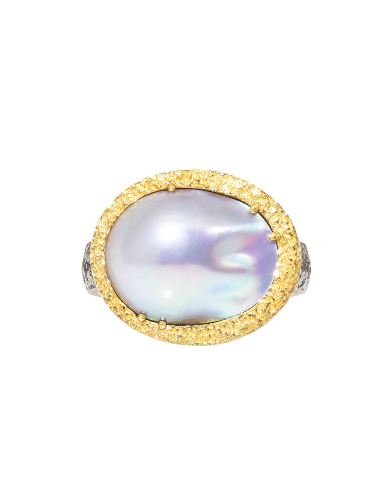 Mabe Pearl Ring in Sand-Textured 18k Yellow Gold & Oxidized Silver