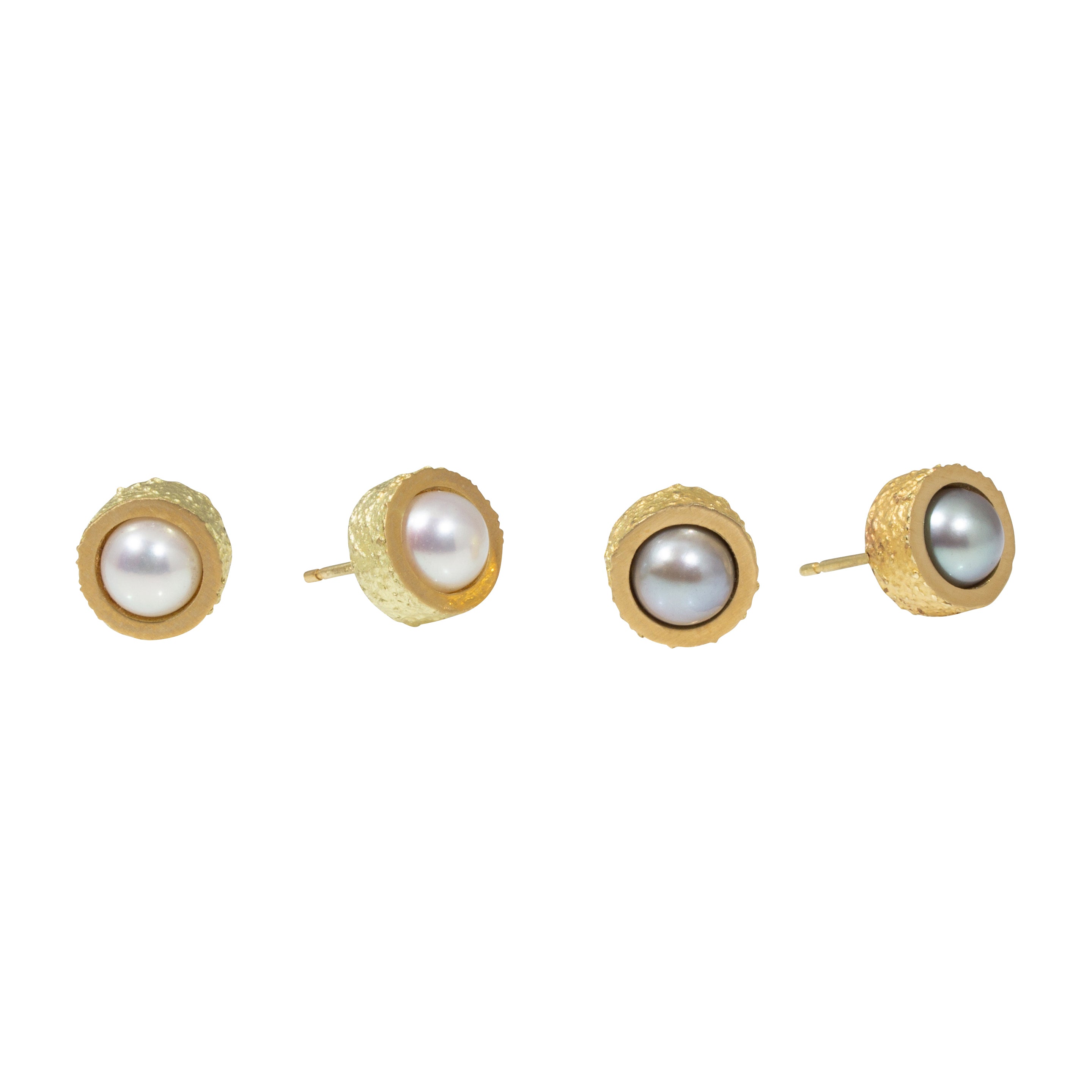 Grey Pearl Post Earrings with Sand Texture in 18k Yellow Gold