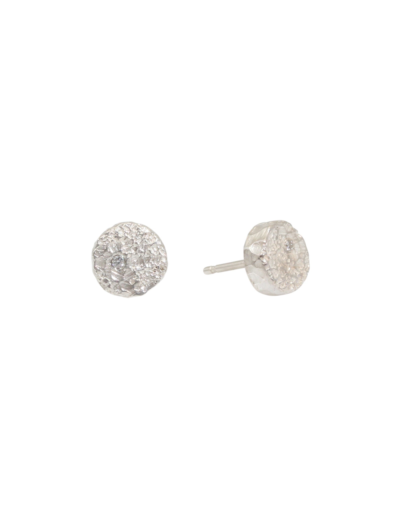 Small Topography Post Earrings in Brushed Silver with White Diamonds