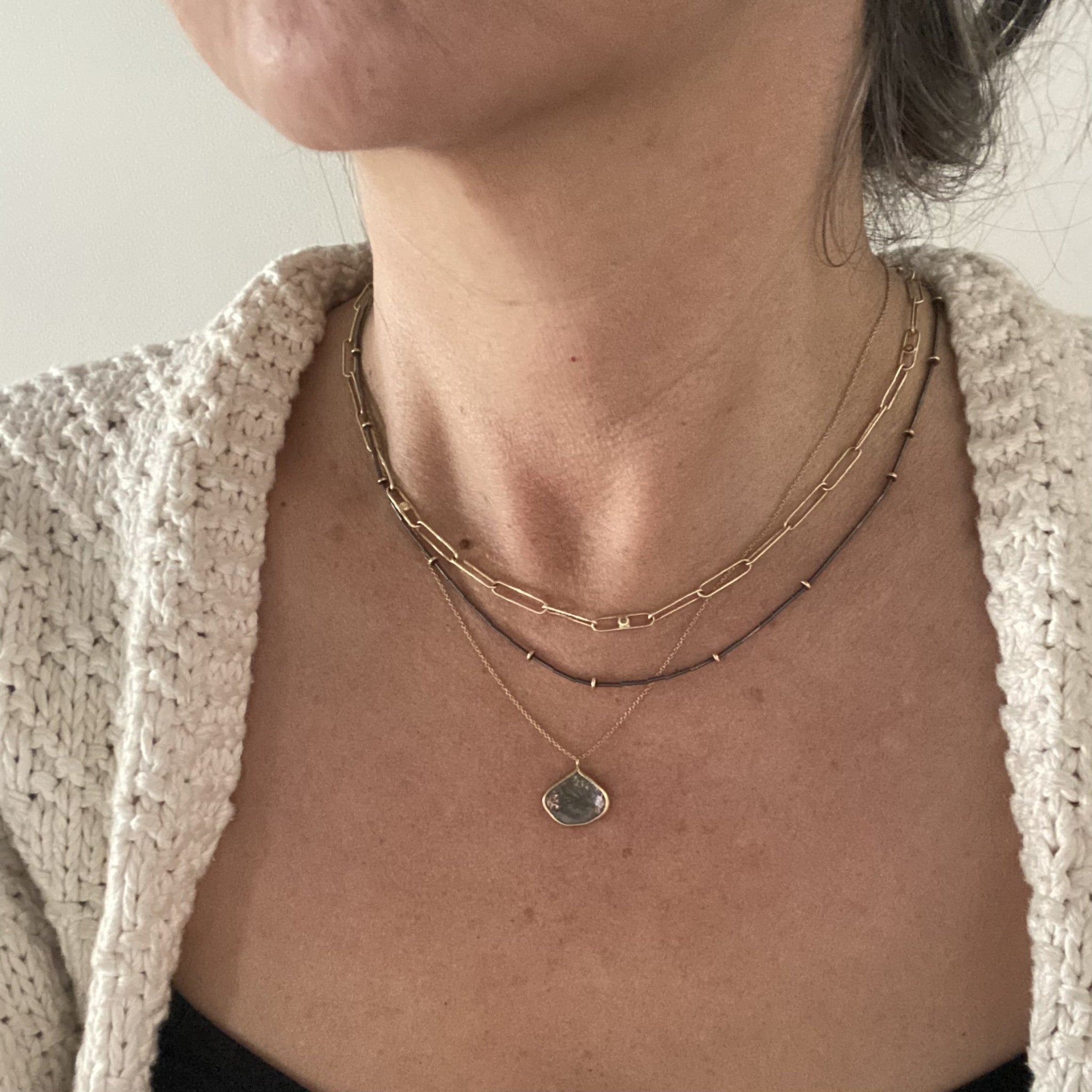 Gold Droplets Necklace in Oxidized Silver and 18k Gold - 20"