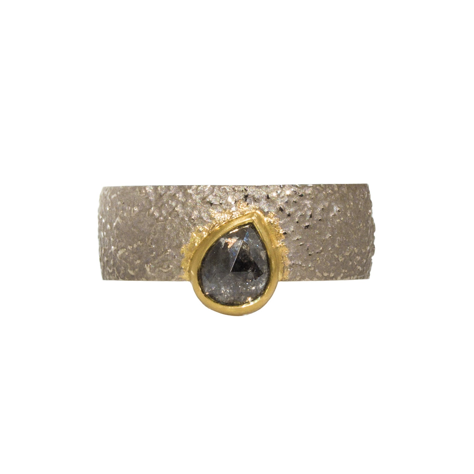 Wide Chunky Sand Band with Teardrop Diamond in Sand-Textured 14k Palladium White Gold
