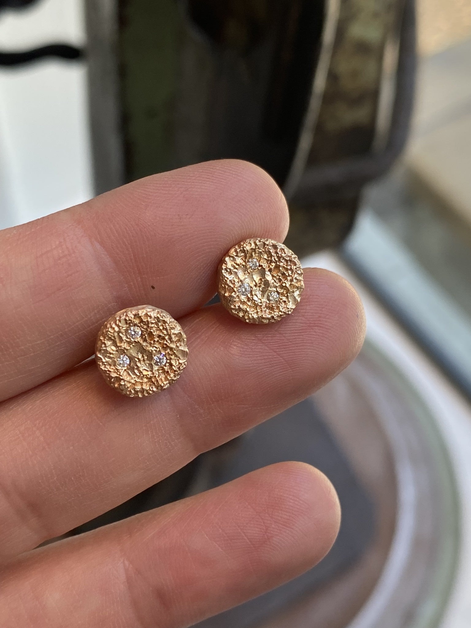 Medium Topography Post Earrings with White Diamonds in 14k