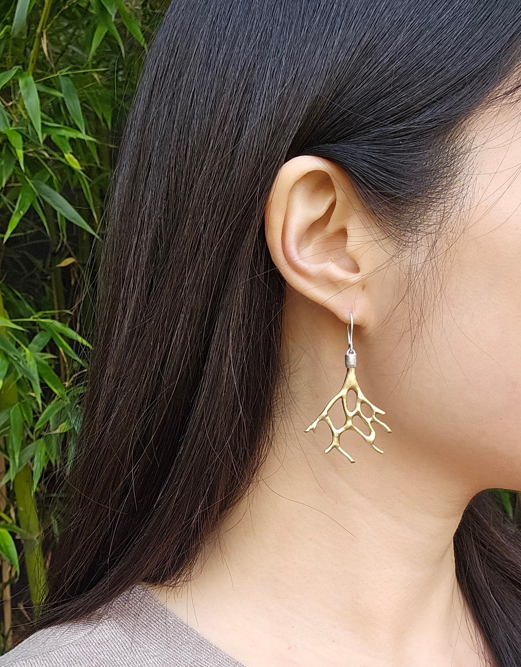 Aki Coral Branch Earrings in Bronze and Silver with Cognac Diamonds
