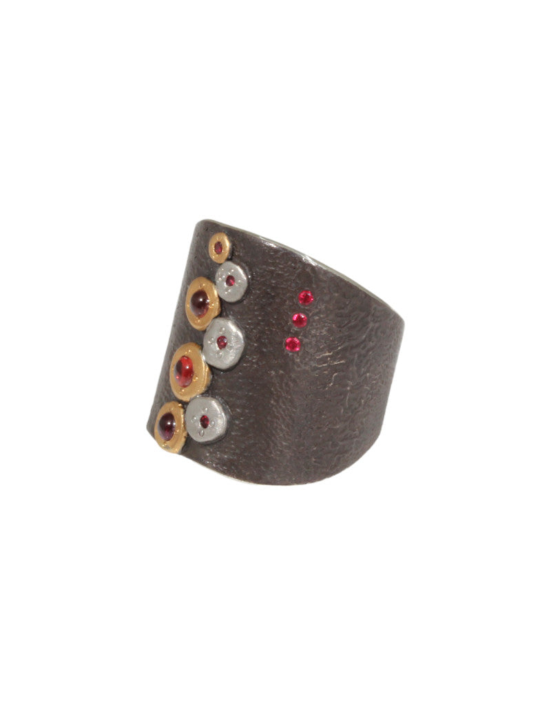 Shield Ring with Sapphires and Red Spinels in Platinum, 22k Gold and Silver