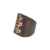 Shield Ring with Sapphires and Red Spinels in Platinum, 22k Gold and Silver