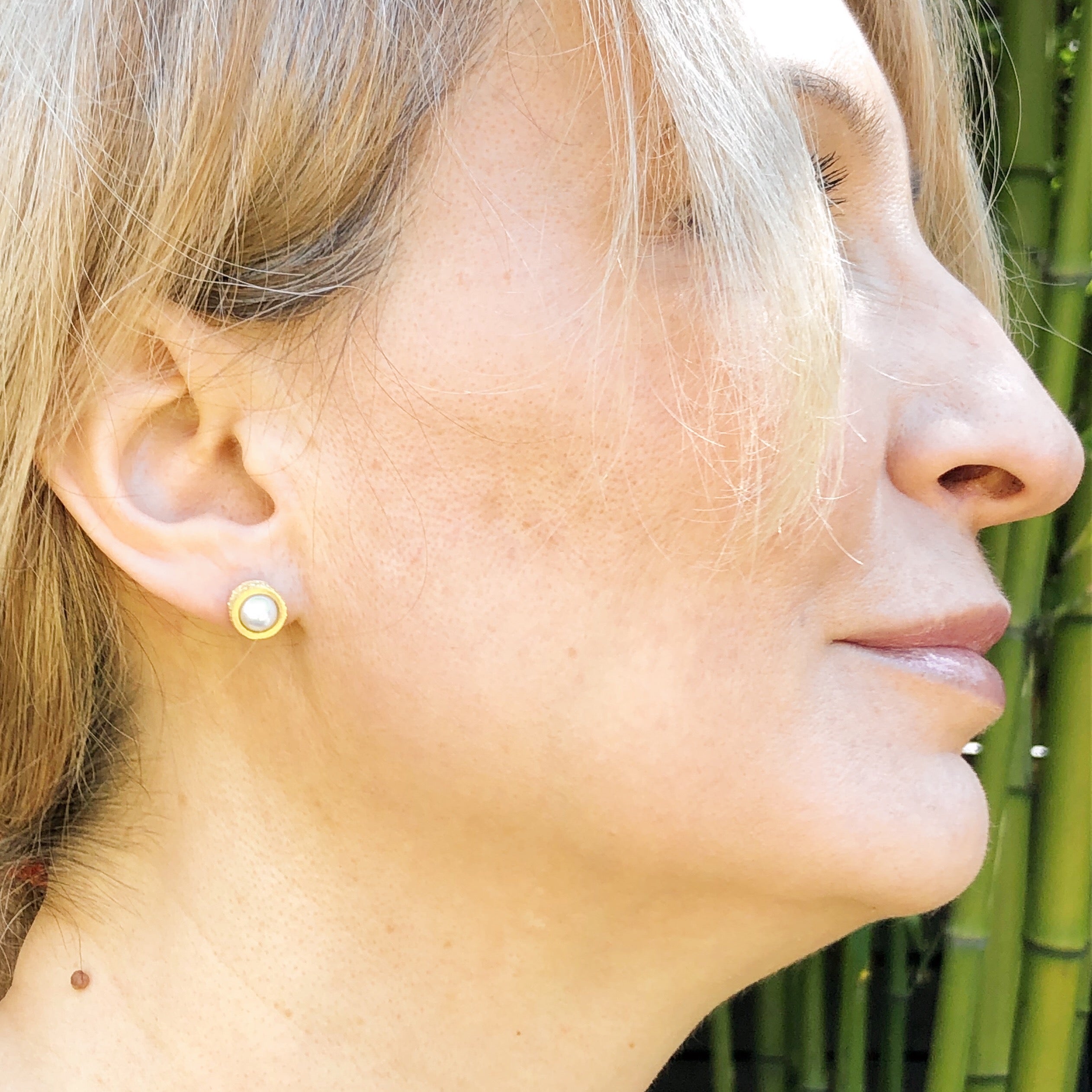 White Pearl Post Earrings with Sand Texture in 18k Yellow Gold