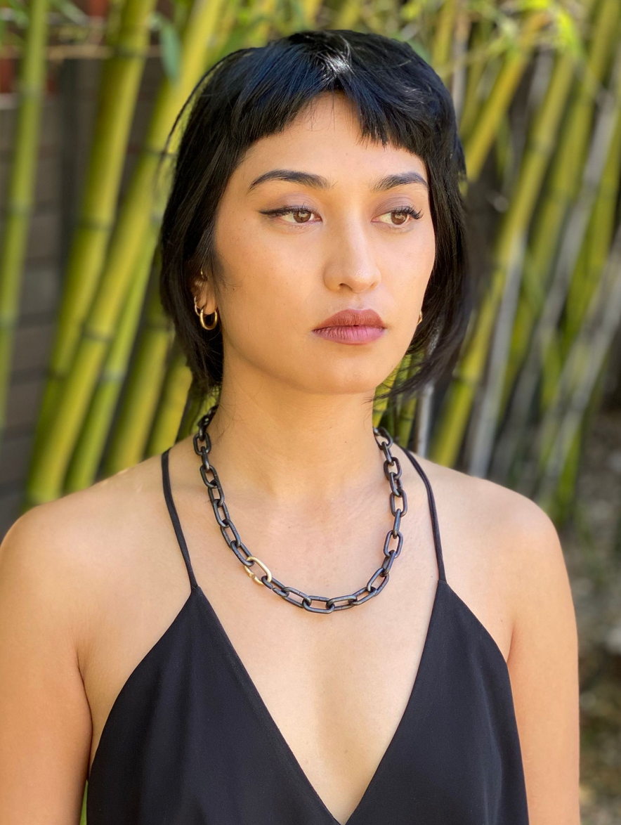 Heavy Chain Necklace in Grey Steel and 18k Yellow Gold