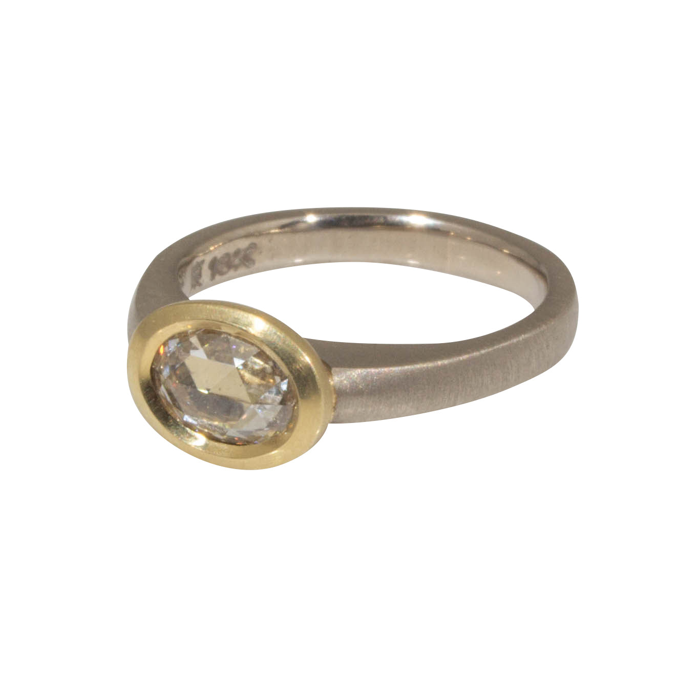 Raised Cup Oval Diamond Ring in 18k Palladium White Gold and Yellow Gold
