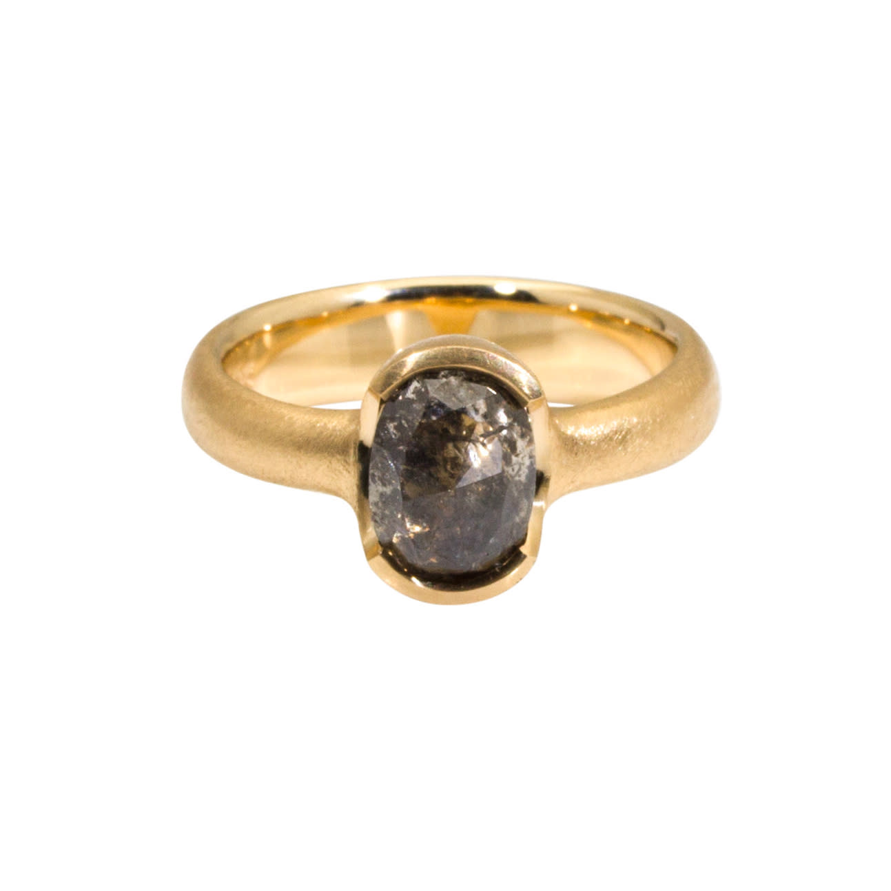 Oval Half Bezel Rosecut Salt and Pepper Diamond Ring in 18k Rose Yellow Gold