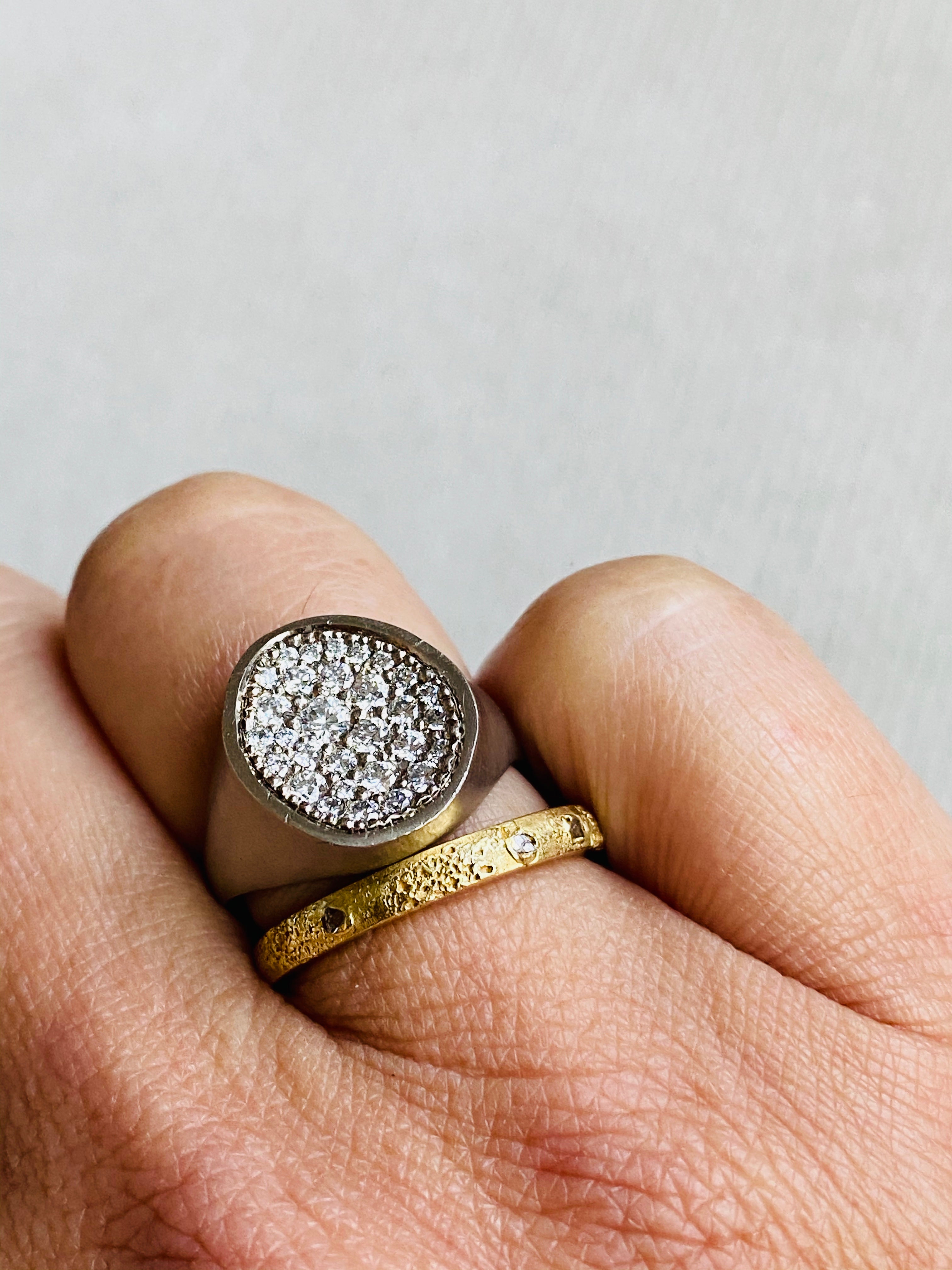 Organic Shaped Pave Signet Ring with White Diamonds in 18k Palladium White Gold