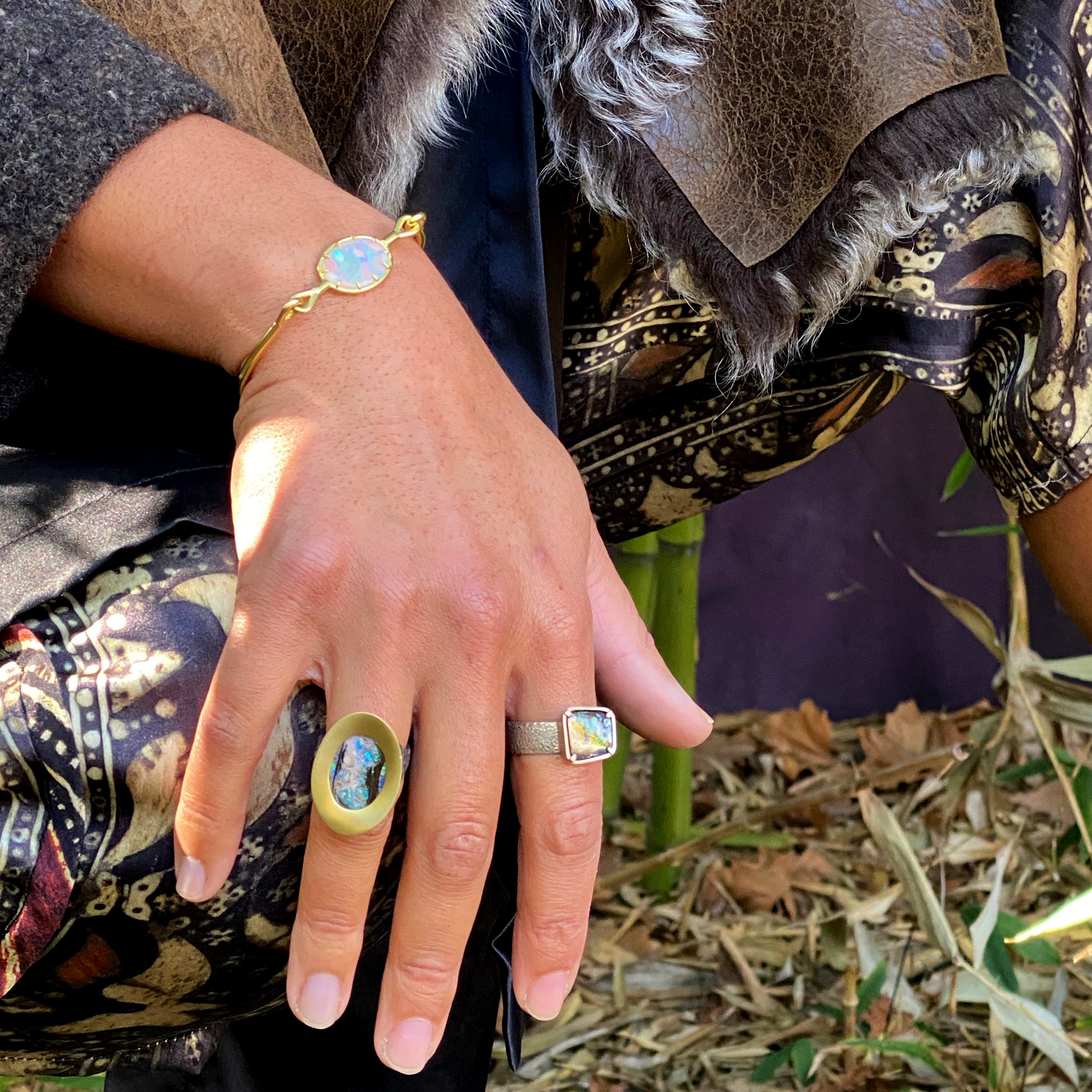 Opal Ring in Sand-Textured 18k Palladium White Gold