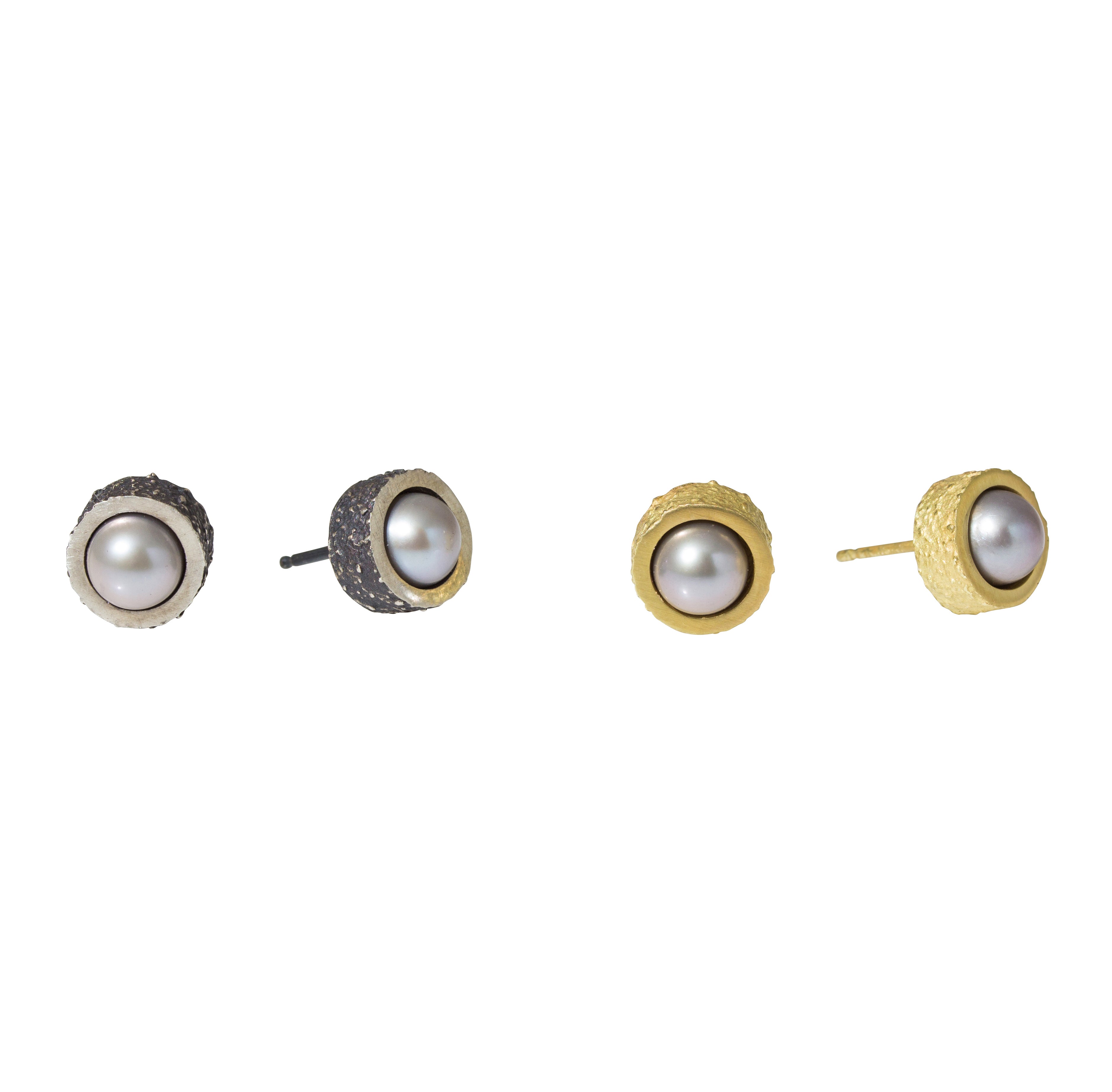 Grey Pearl Post Earrings with Sand Texture in Oxidized Silver