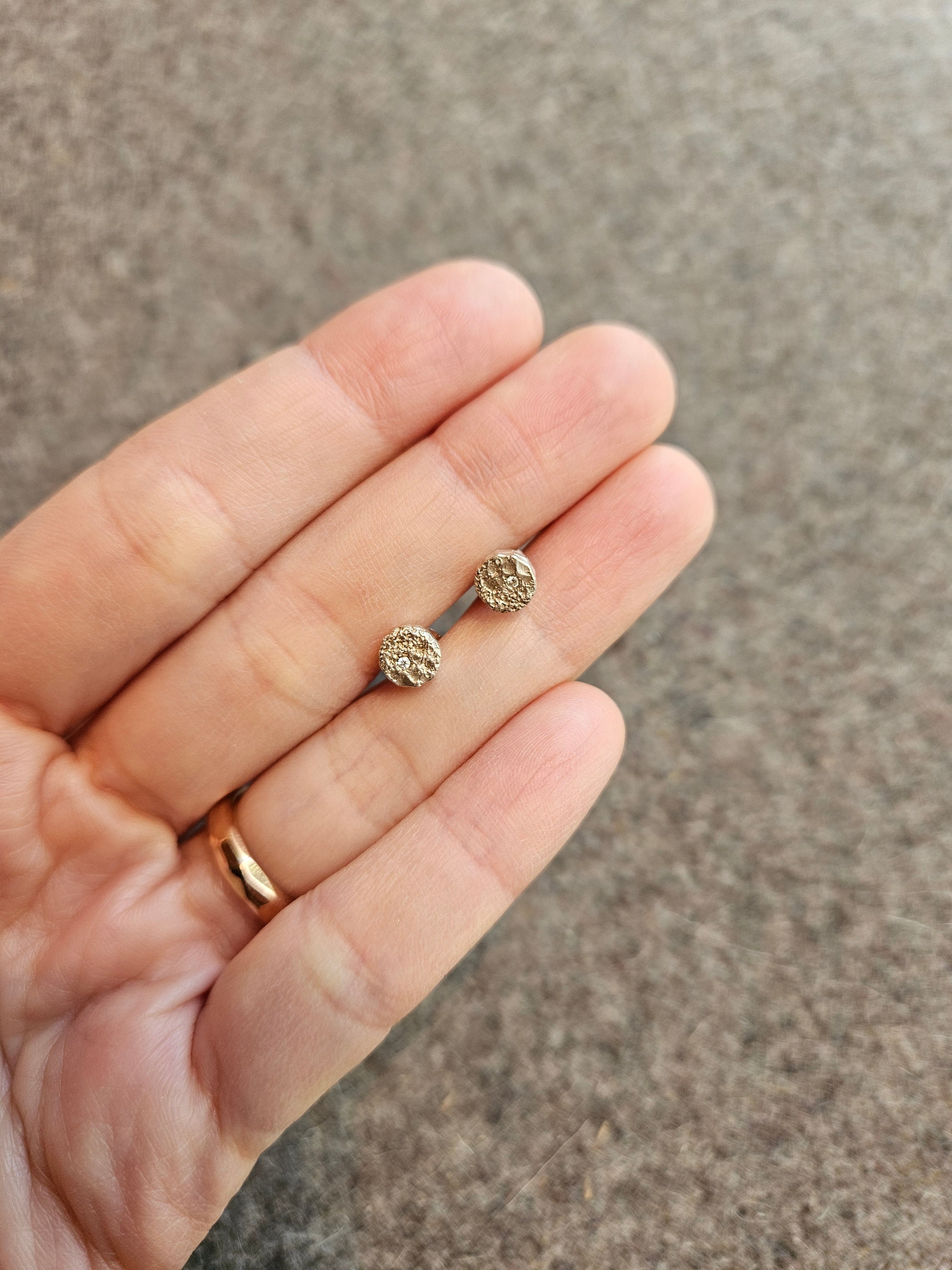 Mini Topography Post Earrings in Brushed Silver with White Diamonds