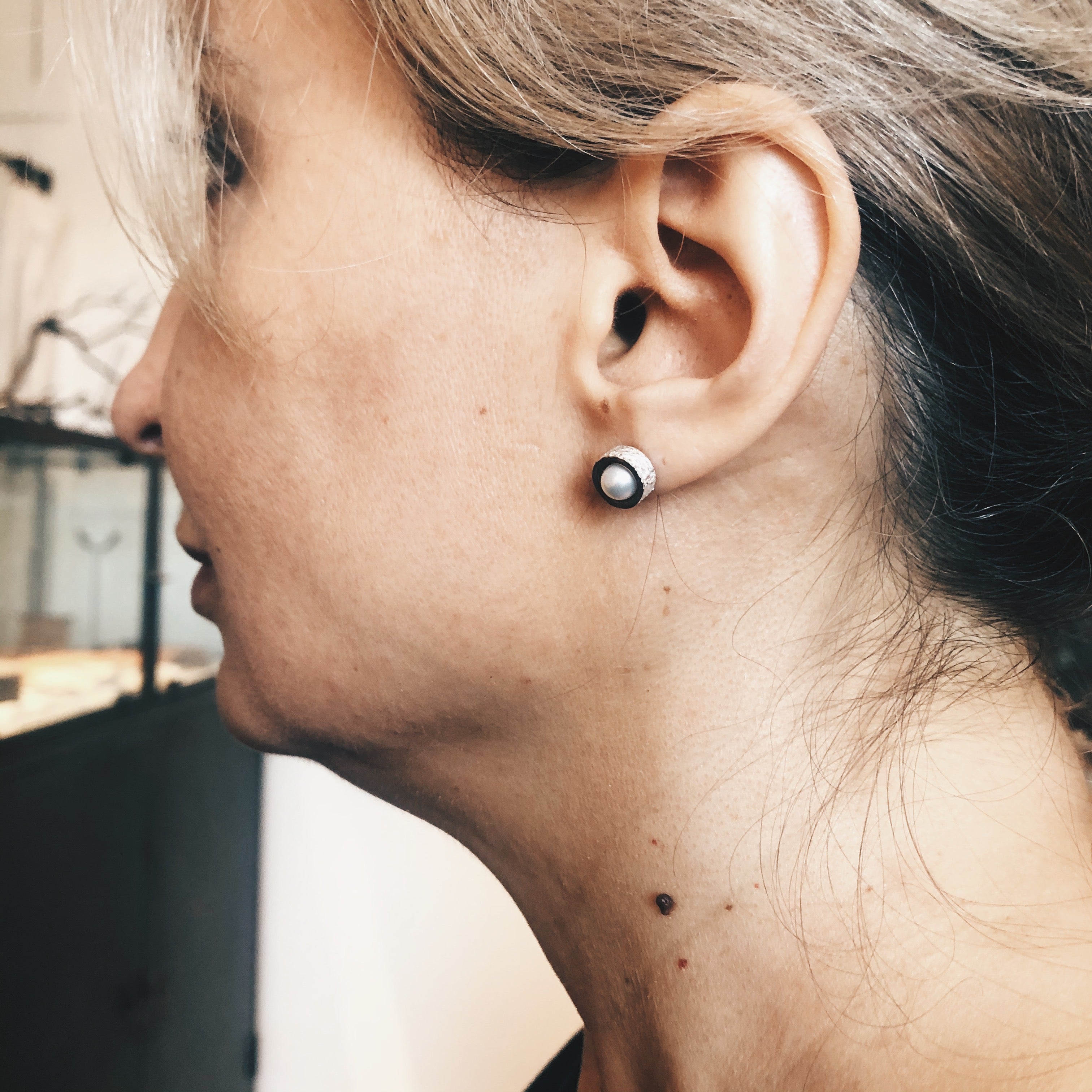 White Pearl Post Earrings with Sand Texture in Silver