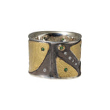 Canvas Cigar Band with Tsavorite Green Garnets and White Diamonds in 22k Gold and Silver