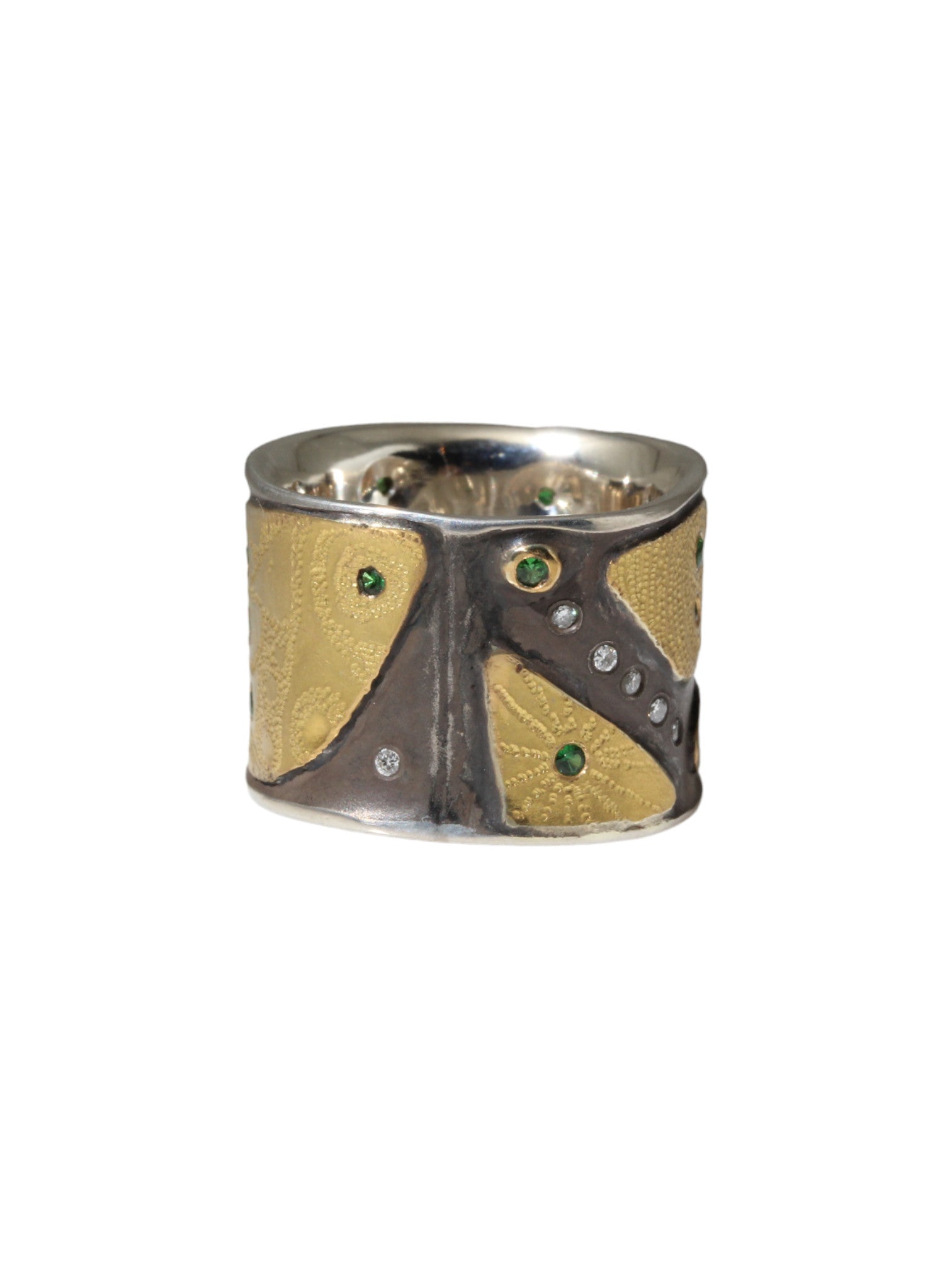 Canvas Cigar Band with Tsavorite Green Garnets and White Diamonds in 22k Gold and Silver