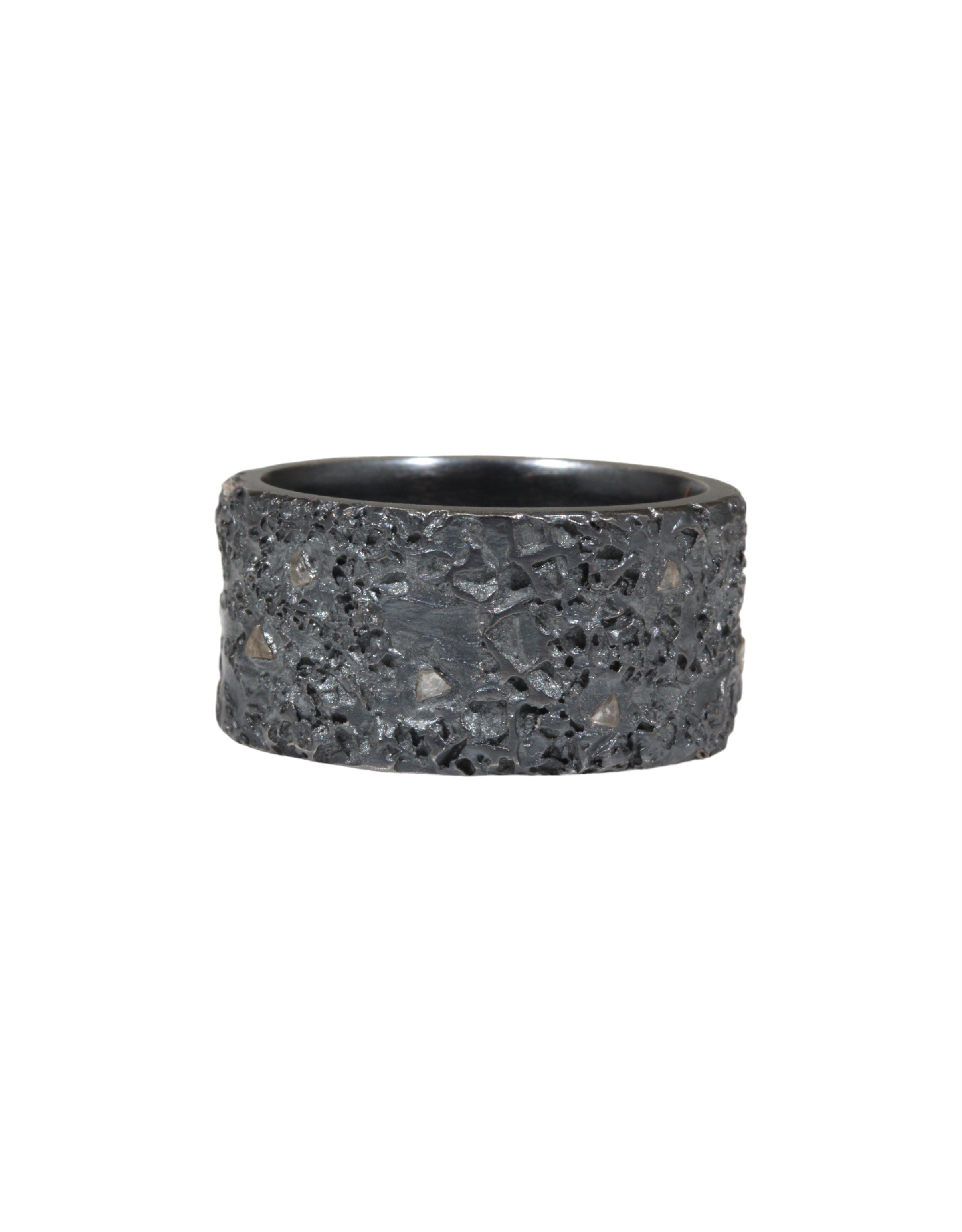11mm Topography Ring in Oxidized Silver with Diamond Mackles - size 8.5