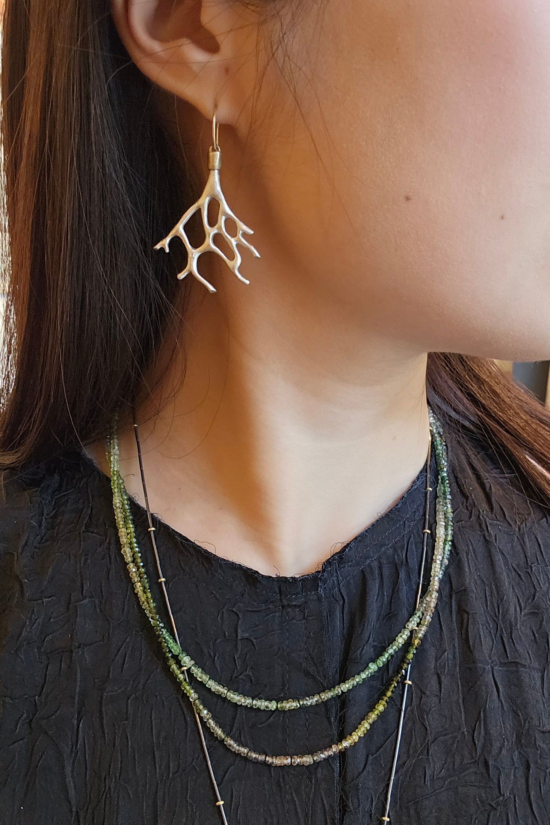 Aki Coral Branch Earrings in Silver and Bronze with White Diamonds