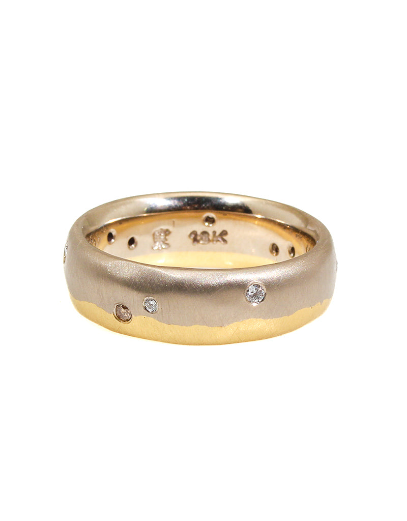 Dipped Band in 18k Palladium White Gold and Yellow Gold with White and Cognac Diamonds