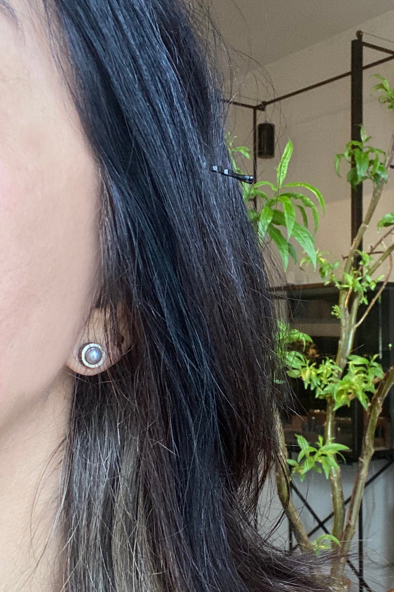 Grey Pearl Post Earrings with Sand Texture in Oxidized Silver