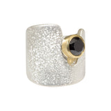 Textured Cuba Ring in Silver with Black Diamond in 18k Yellow Gold