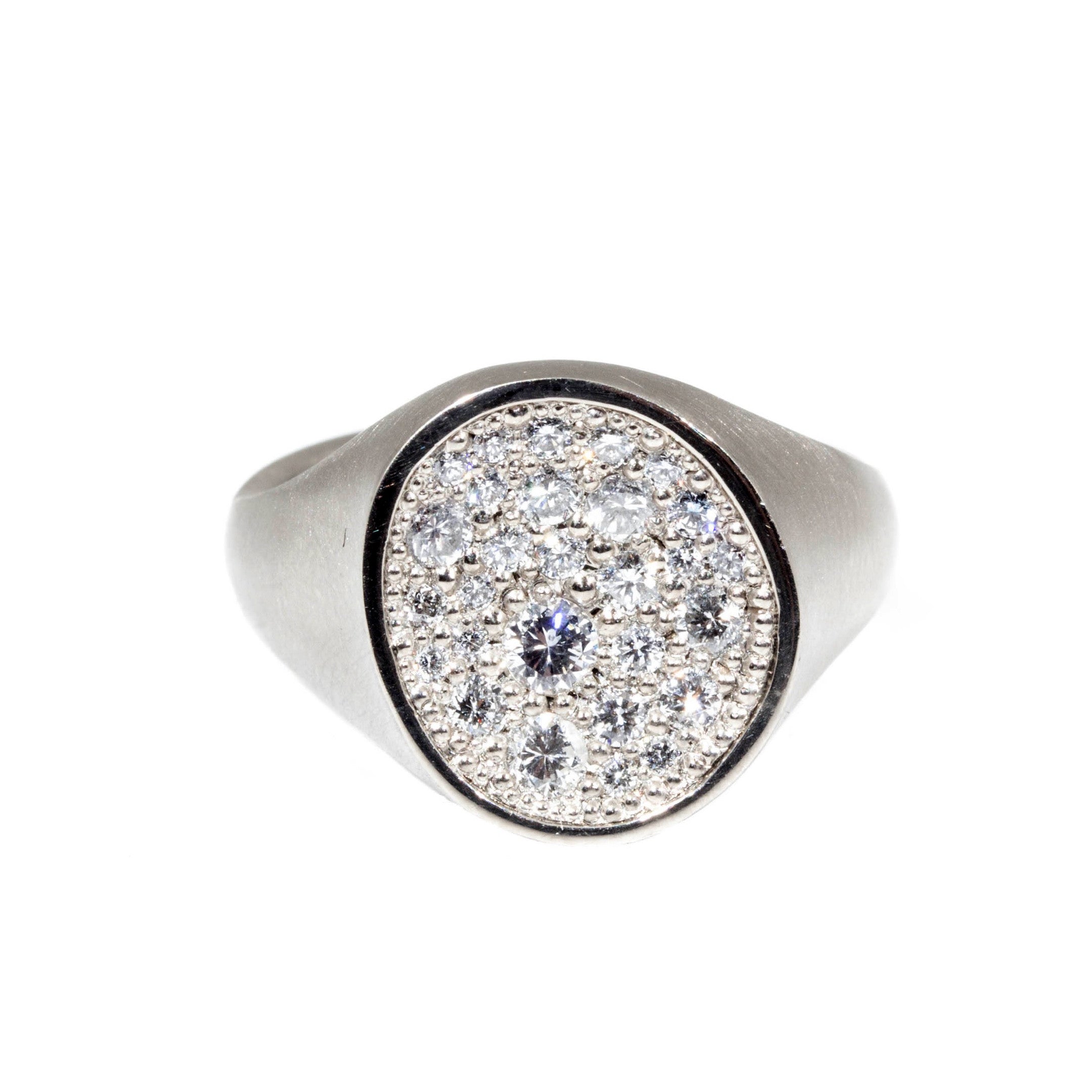 Organic Shaped Pave Signet Ring with White Diamonds in 18k Palladium White Gold
