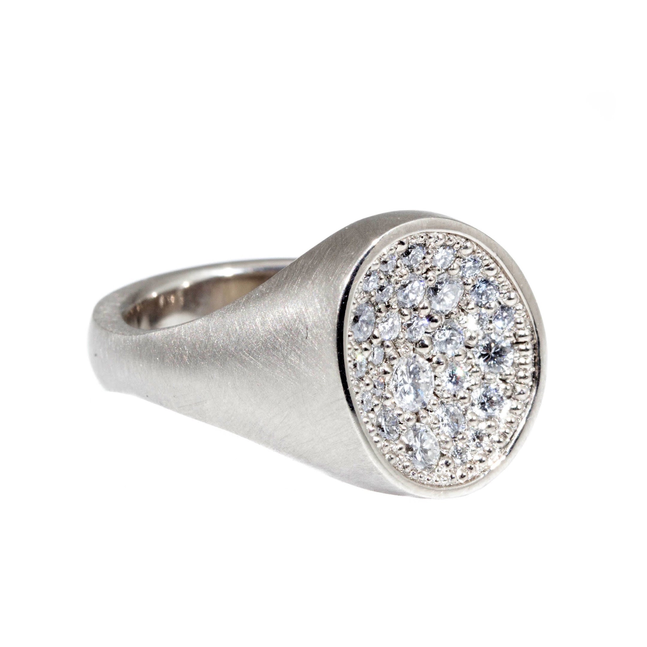 Organic Shaped Pave Signet Ring with White Diamonds in 18k Palladium White Gold