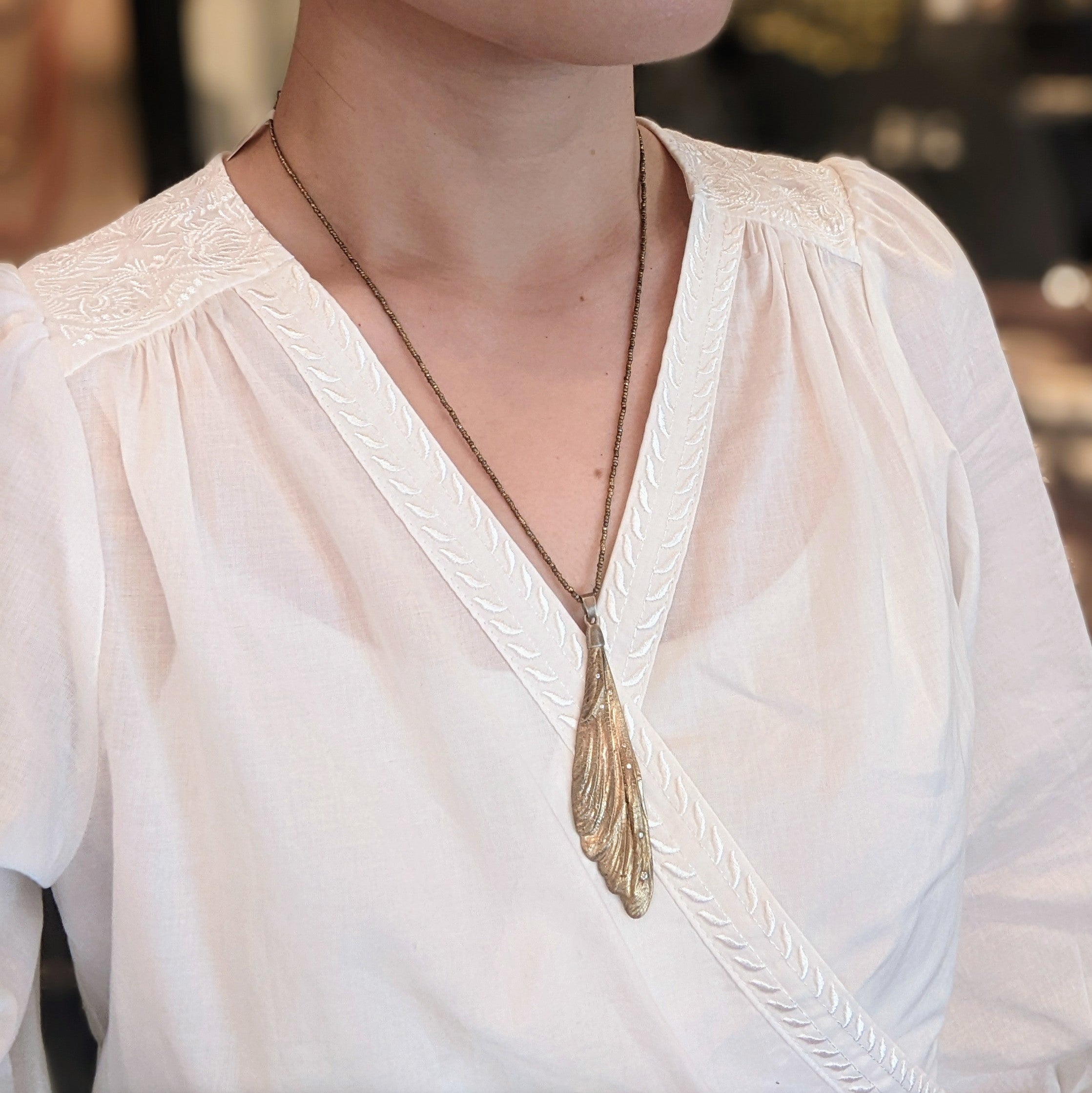 Dragonfly Wing Pendant in Bronze and Silver with White Diamonds