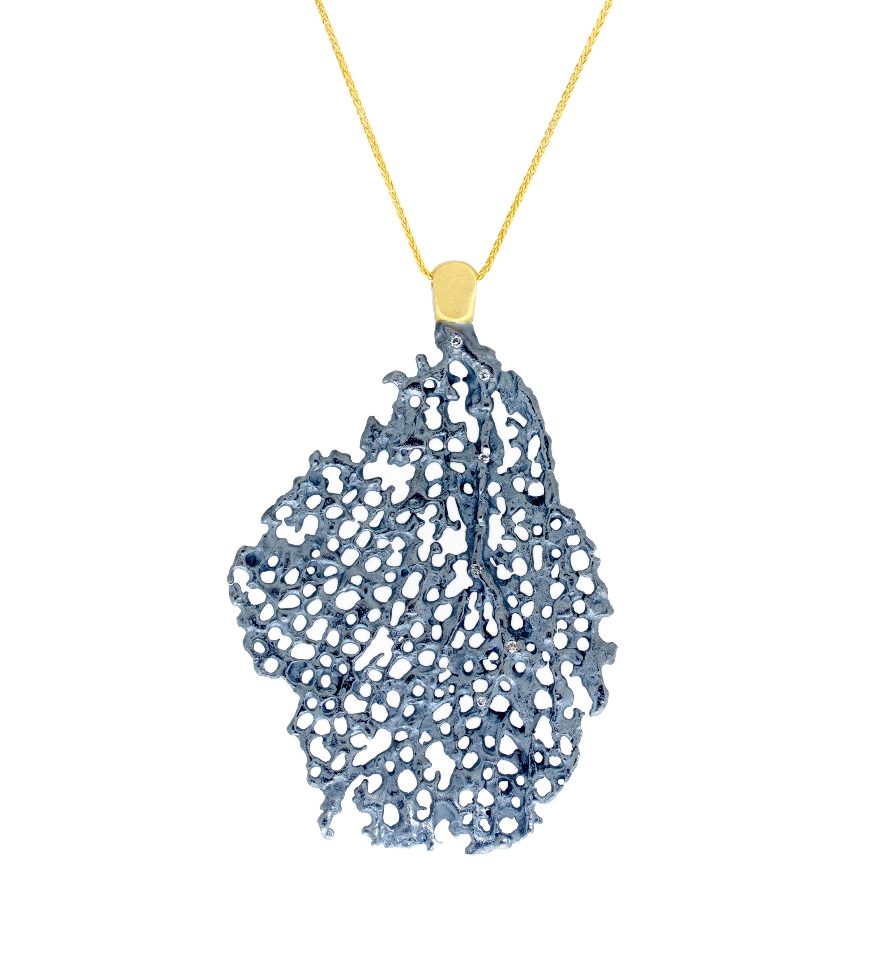 Koraru Large Silver Pendant with White Diamonds on 18k Yellow Gold Bail and Chain