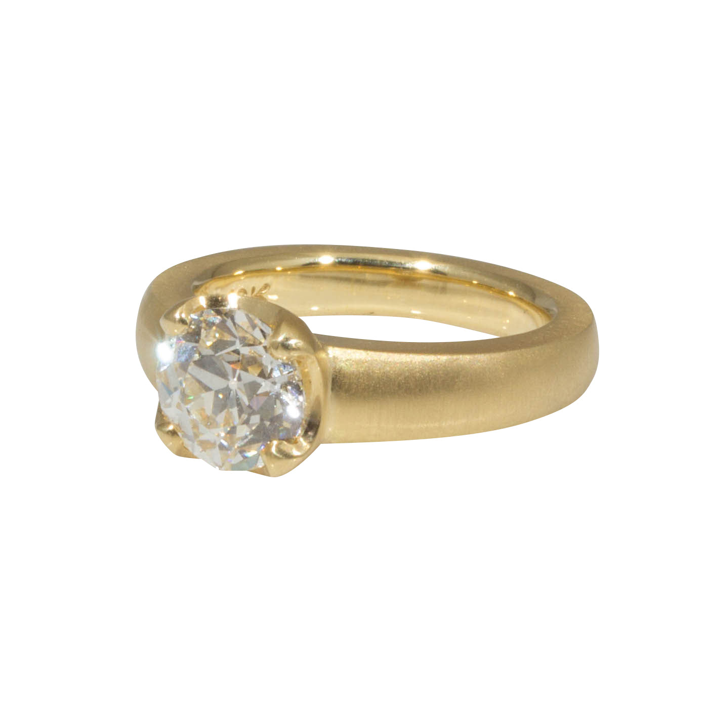 Scooped Prong Set Old European Cut Cushion Diamond in 18k Yellow Gold