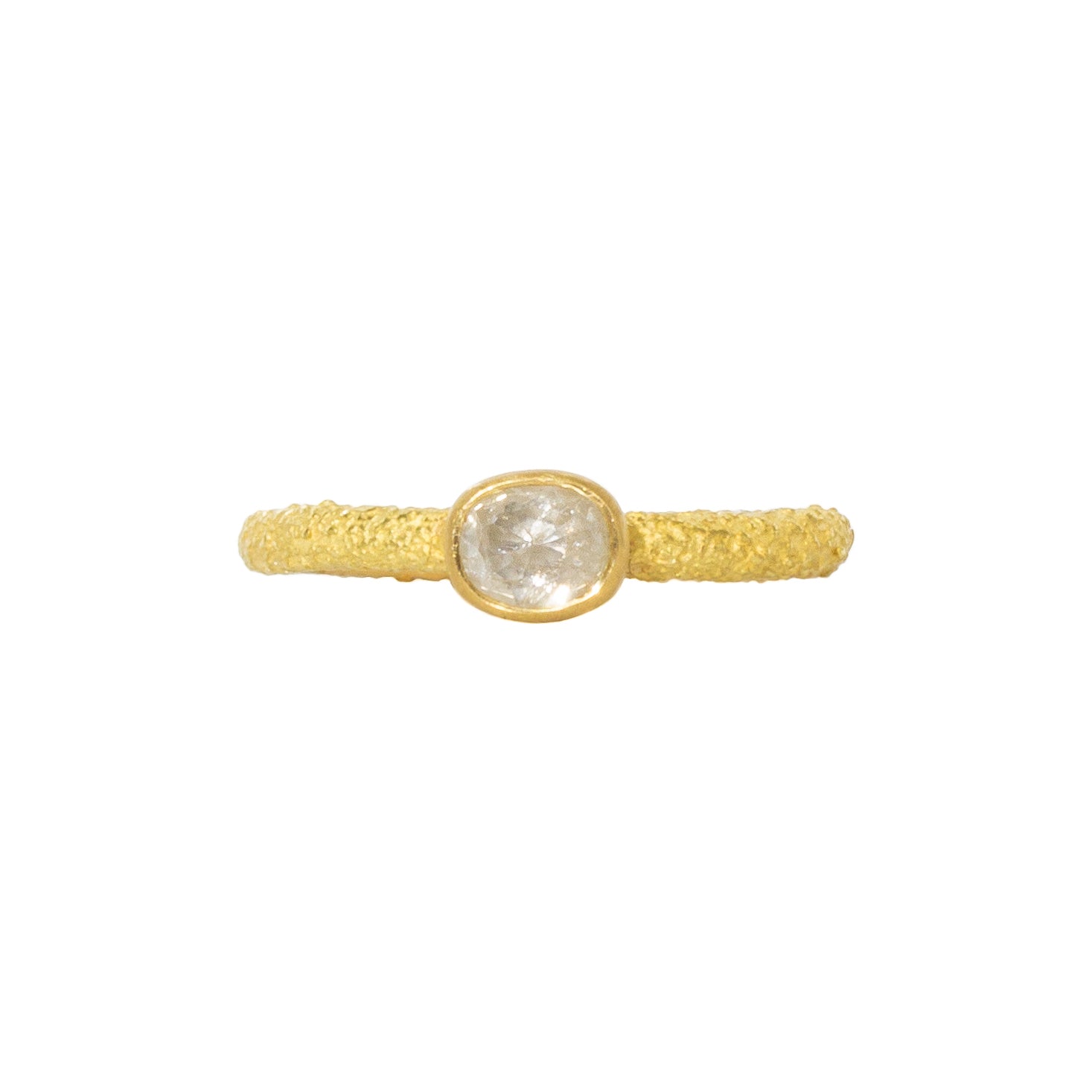 Oval Rosecut Diamond Solitaire Ring in Sand-Textured 18k Yellow Gold